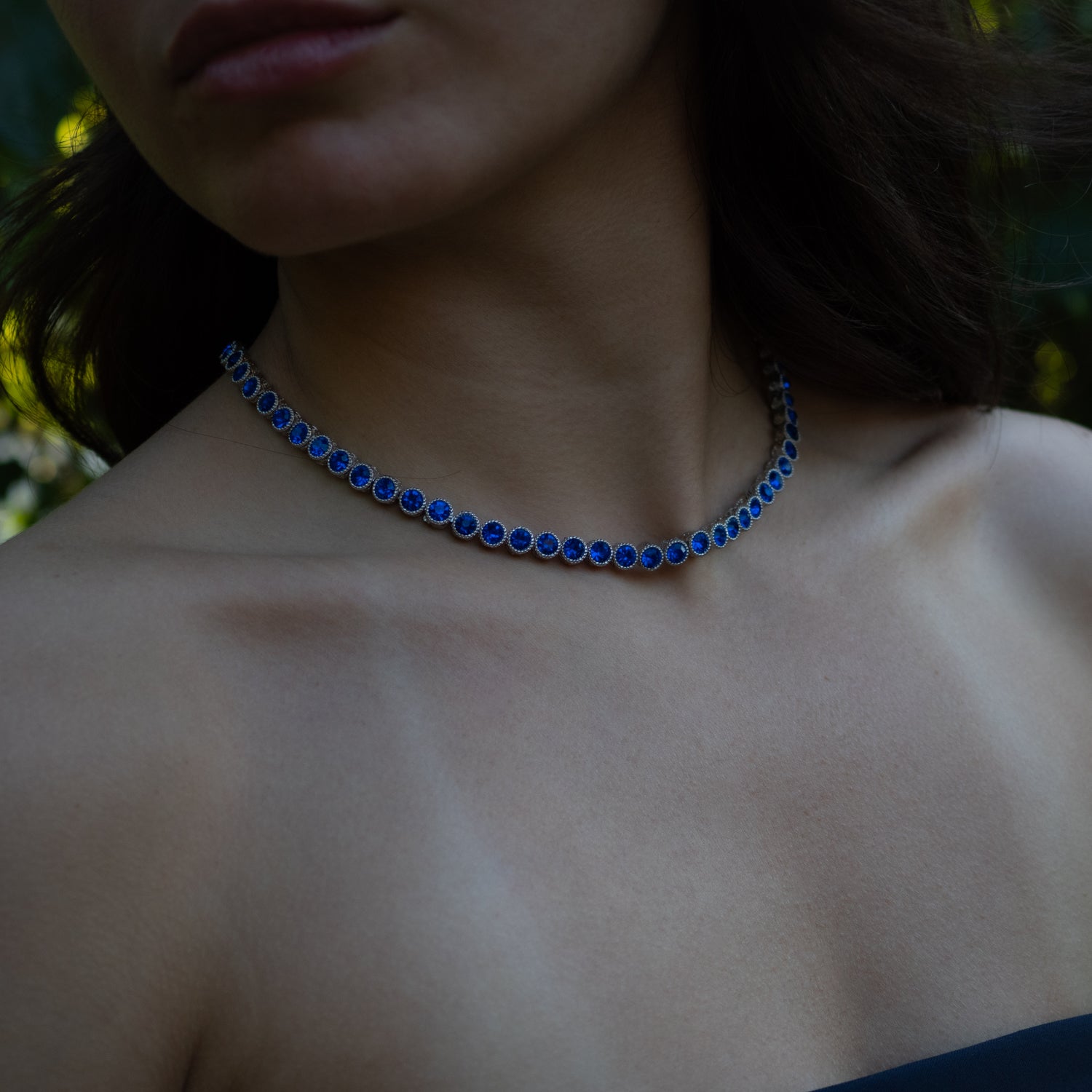 Handmade Blue Sapphire Tennis Necklace, Silver-Plated on Bronze, for Wisdom and Confidence