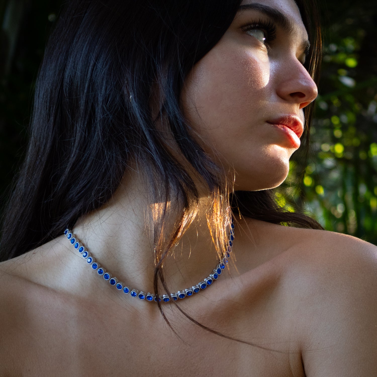 Blue Sapphire Tennis Necklace, Silver-Plated, a Symbol of Wisdom, Protection, and Strength