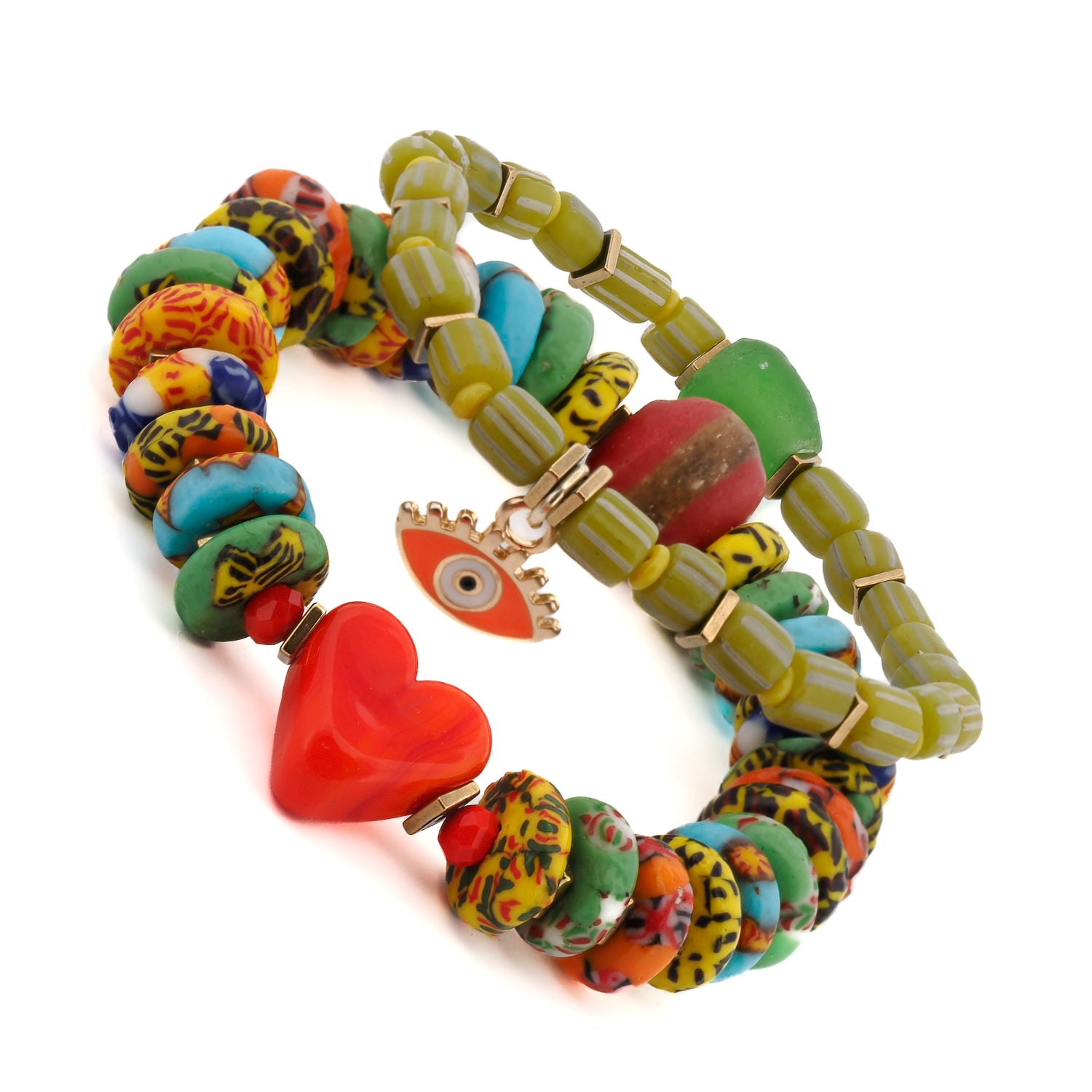 Bohemian Style Red Heart &amp; Evil Eye Happy Bracelet Set