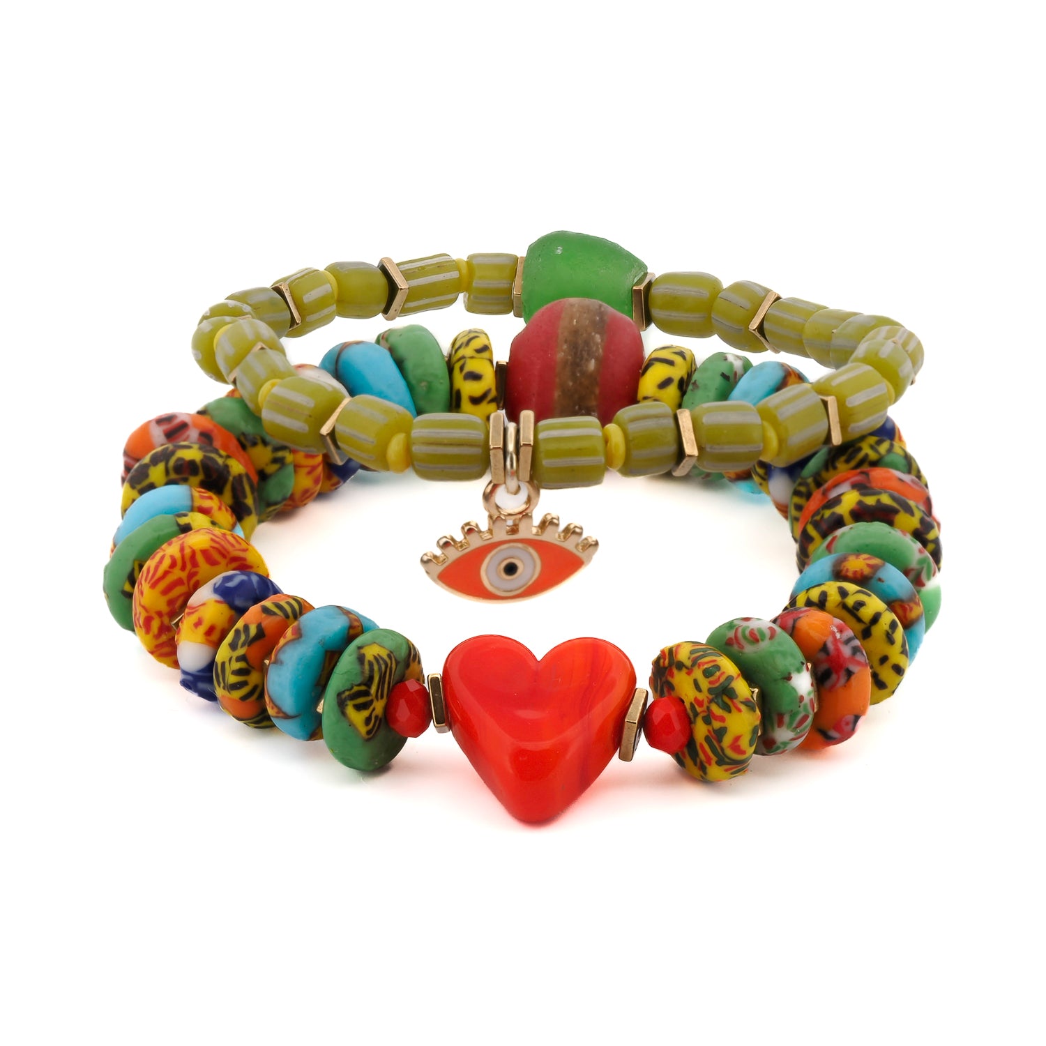 Bohemian Style Red Heart & Evil Eye Happy Bracelet Set with Red Ceramic Heart Bead, Handmade in USA