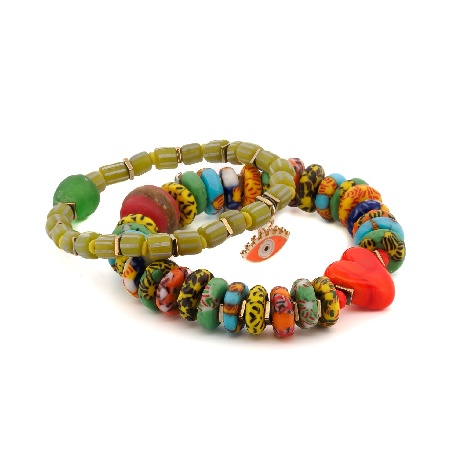 Vibrant Bohemian Style Bracelet Set with Red Heart and Evil Eye Charms, Handmade in USA