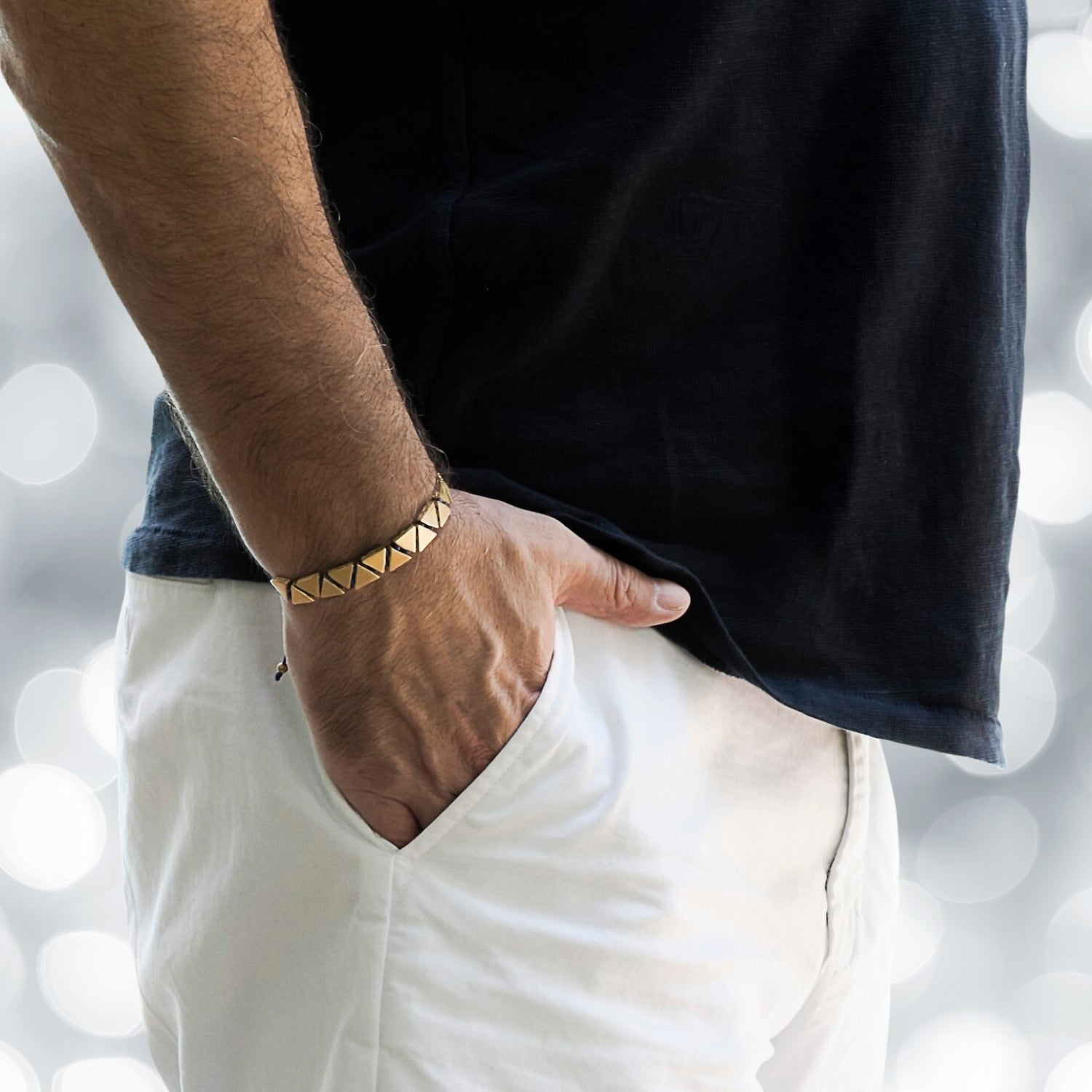 Model Displaying Adjustable Blue Rope Bracelet - Geometric Gold Accents