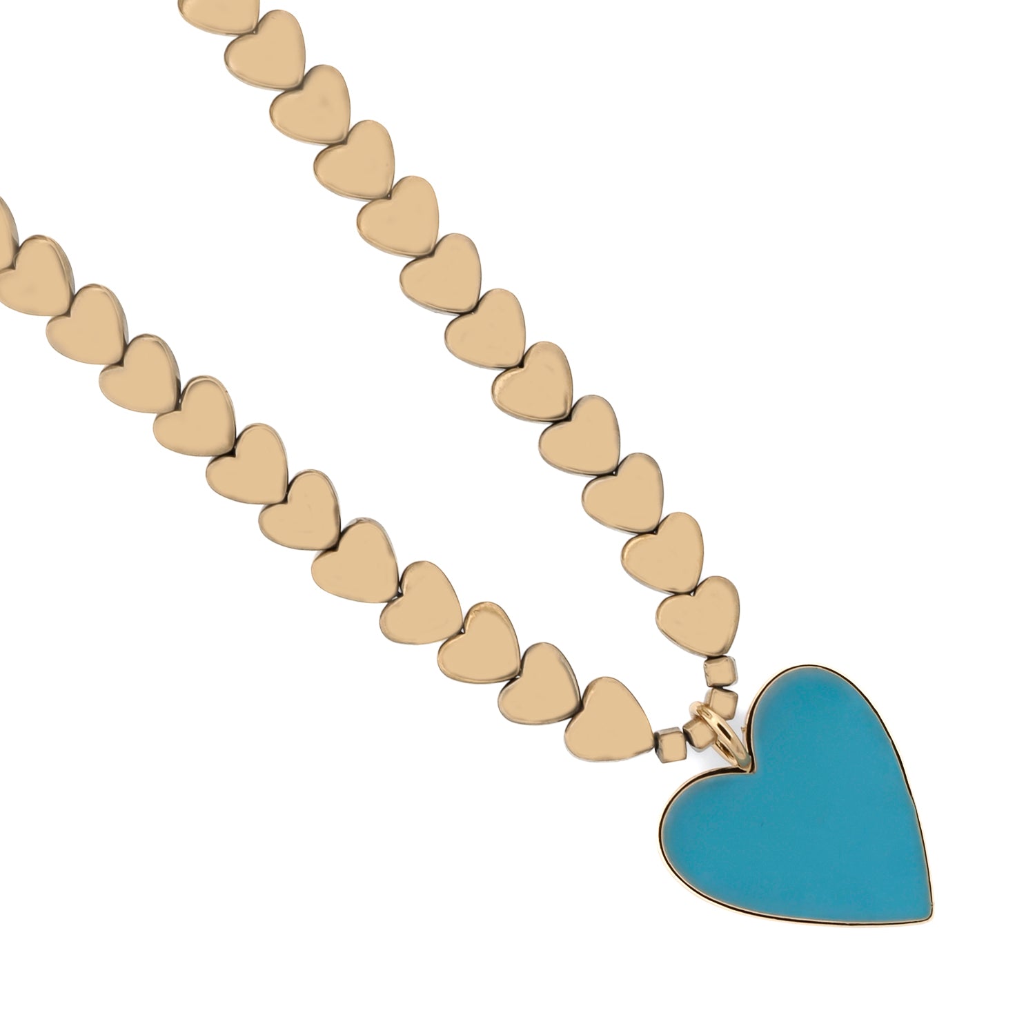 Handcrafted Blue Heart Pendant Necklace with Gold Hematite Beads, Symbolizing Tranquility, USA