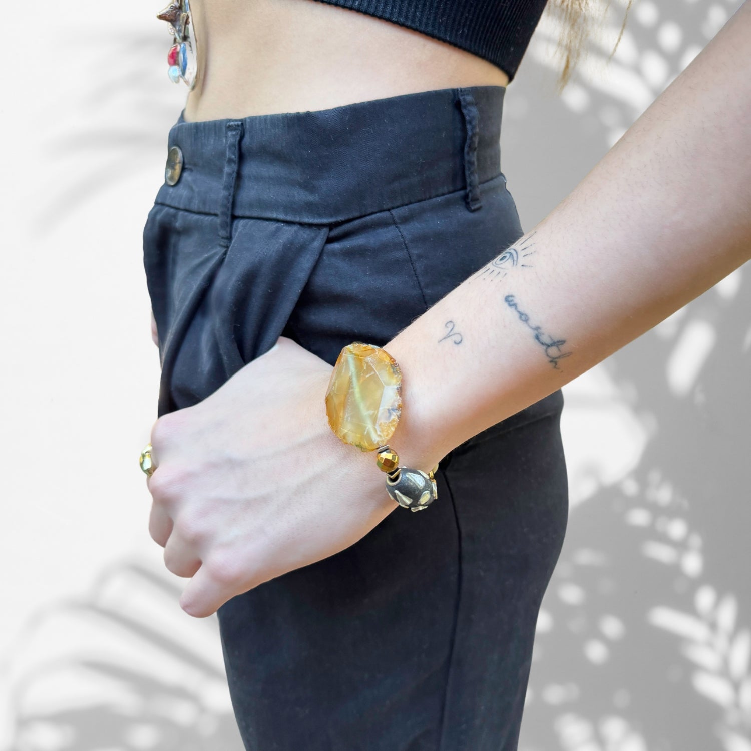 Agate Stone Bracelet with Gold Hematite Buddha Beads
