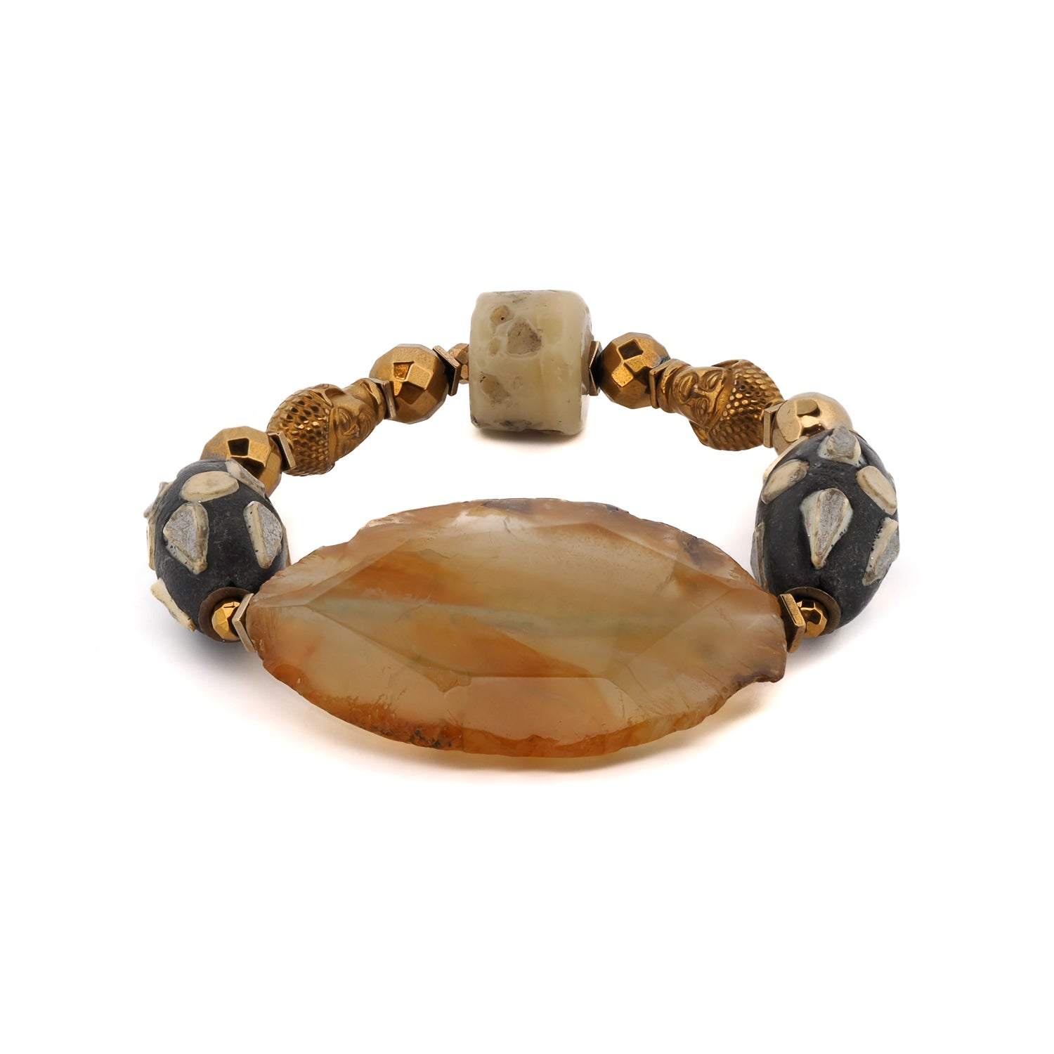 Chunky Agate Stone Gold Buddha Beaded Bracelet with Gold Hematite Beads