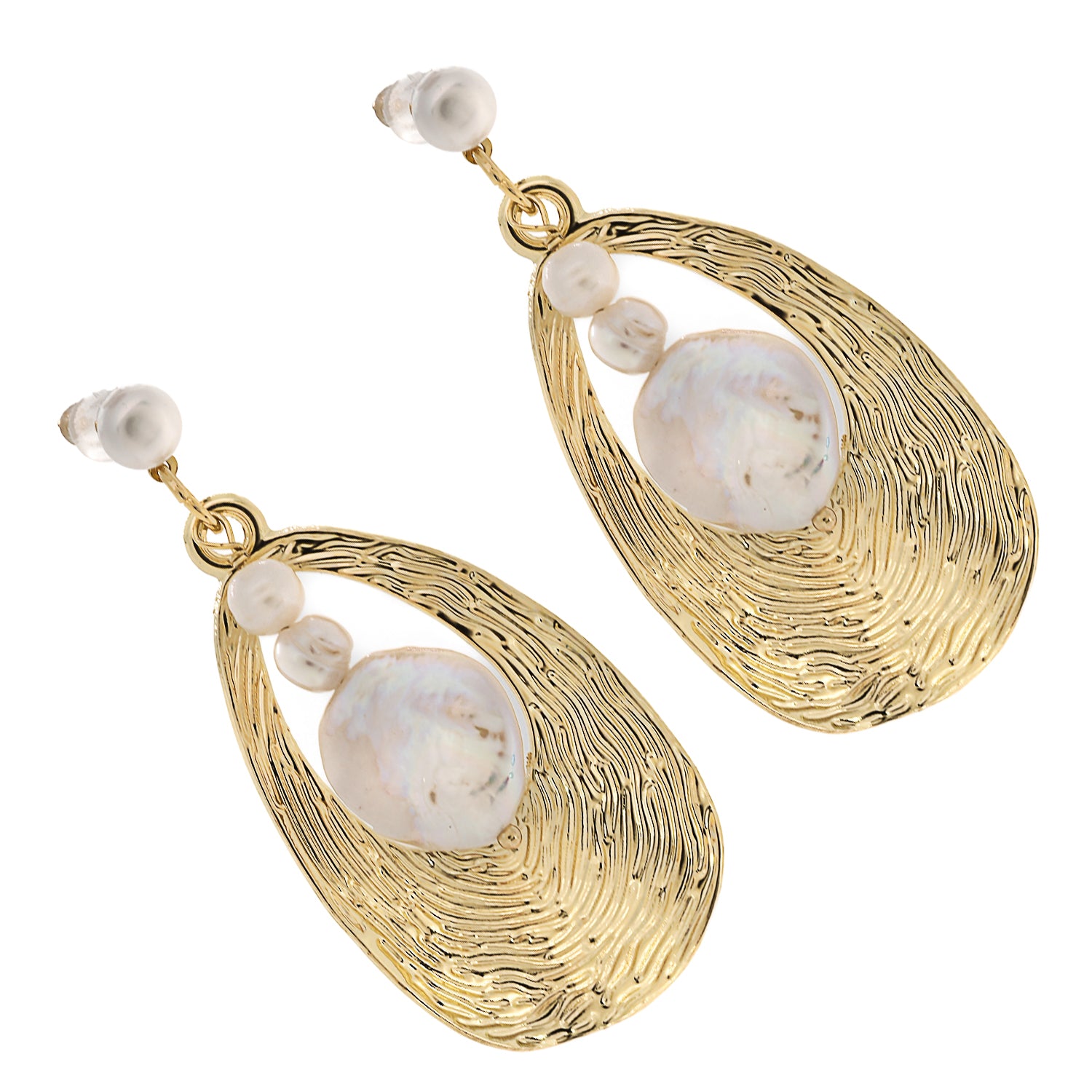 Dance of Light: Gold & Pearl Dangle Earrings, Artisanal Beauty.