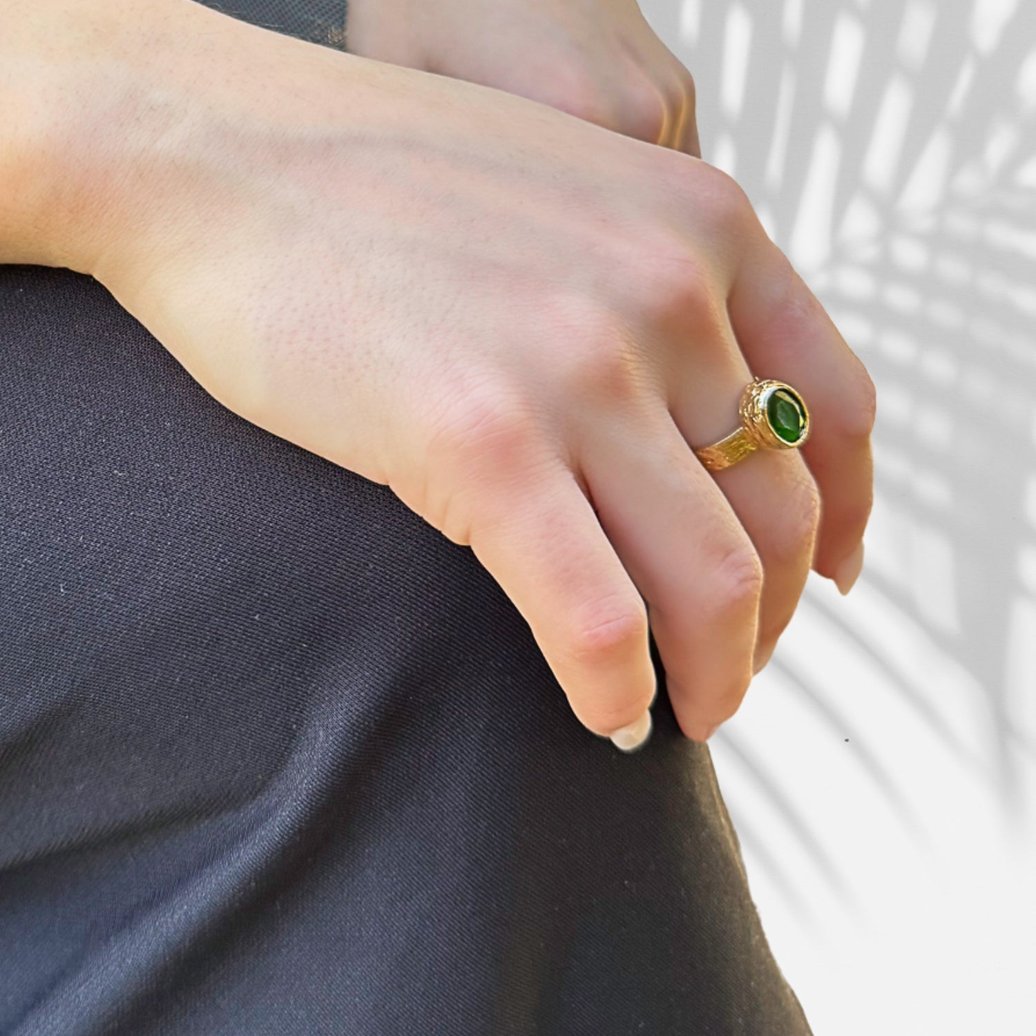 Handmade Cleopatra-inspired ring with green jade and gold