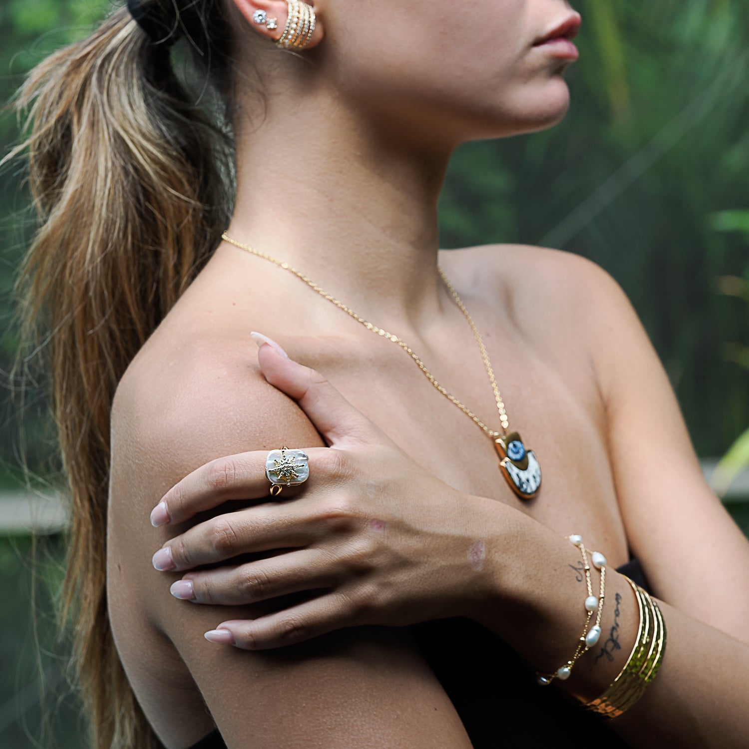 Model wearing the Cleopatra Guidance Star Pearl Ring.