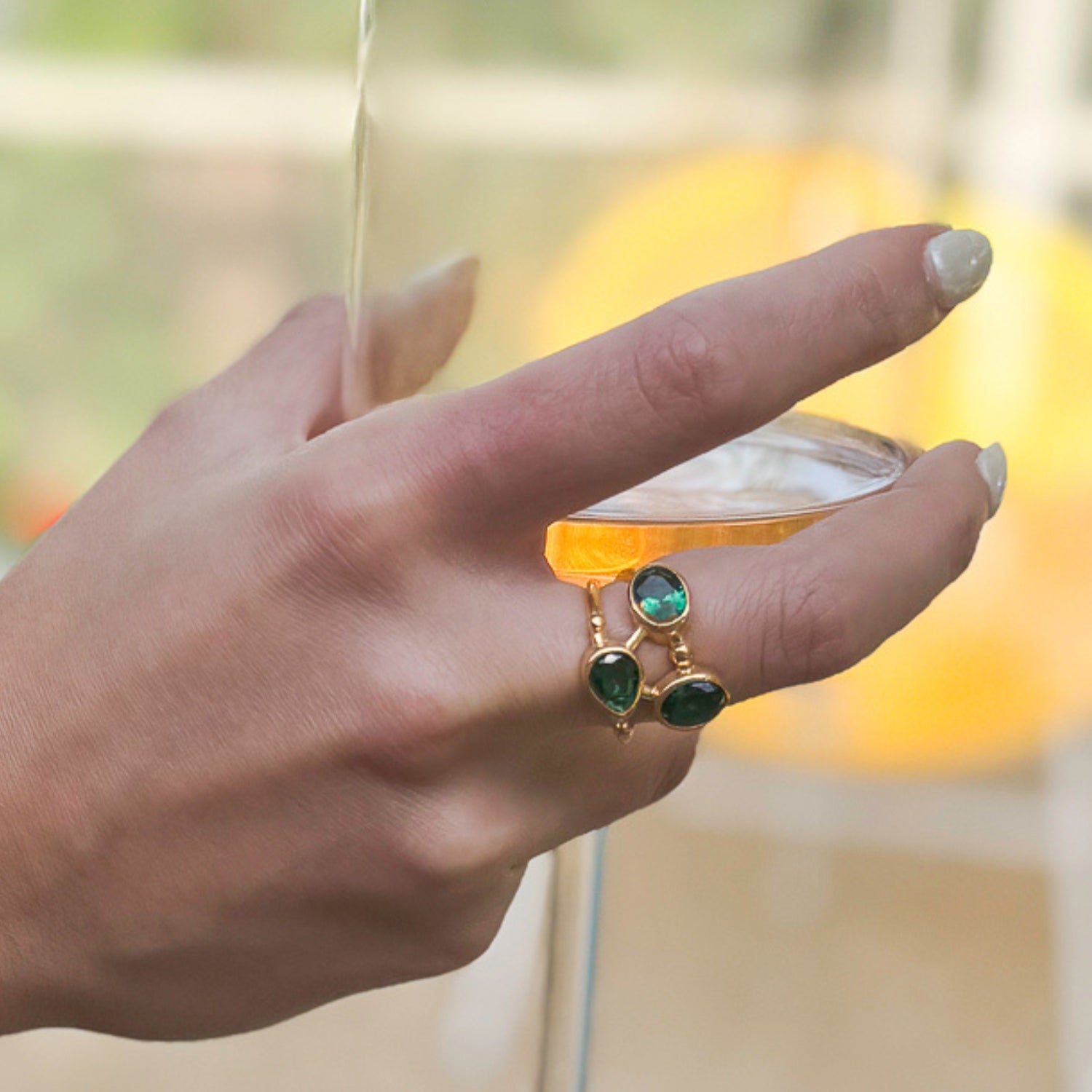 24K Gold Plated Brass Ring with Jade Stone