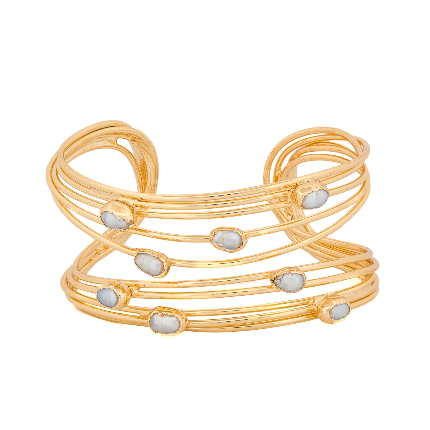 Cleopatra Pearl Dewdrop Gold Cuff Bracelet with 24K Gold Plating