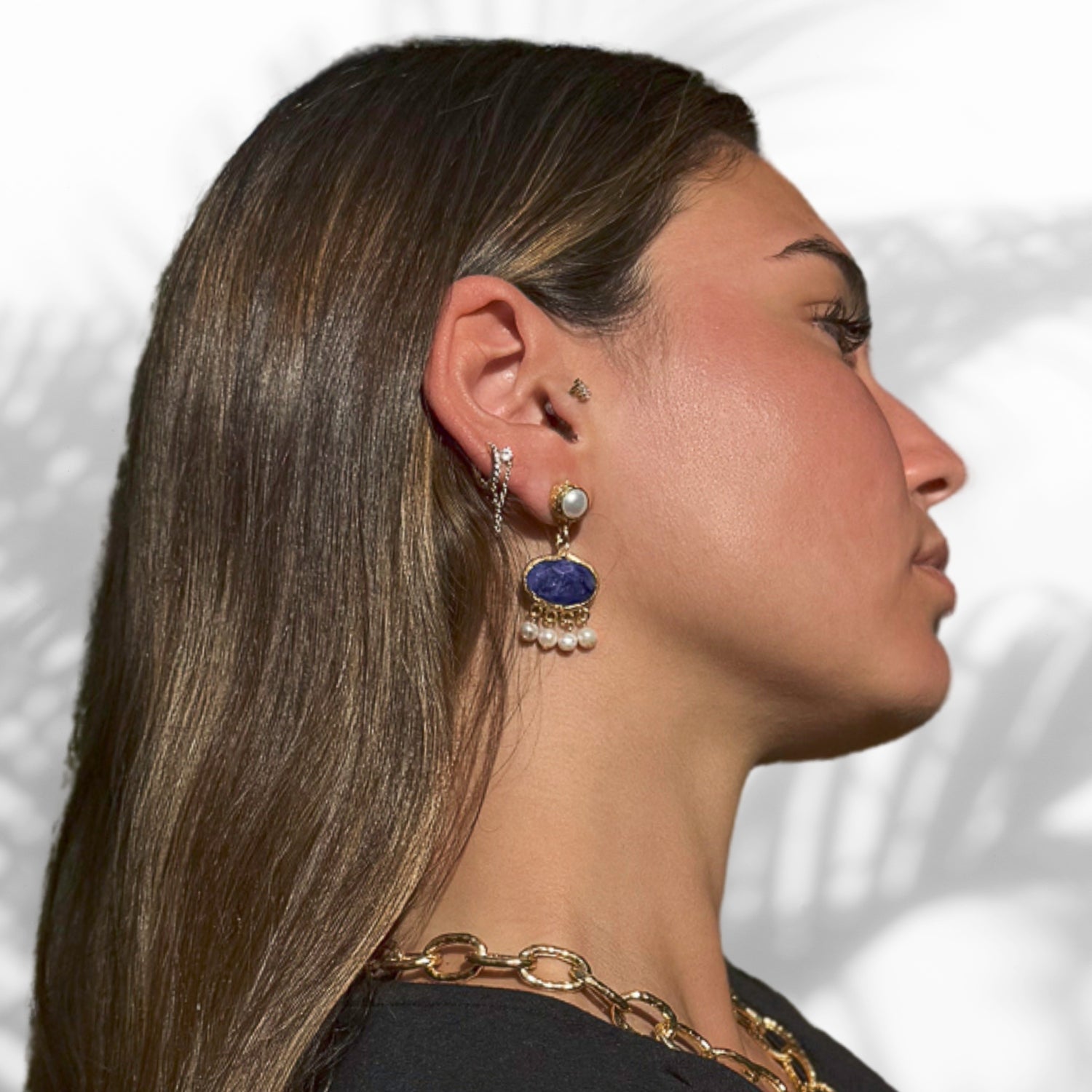 Gold Plated Pearl and Sapphire Stone Tassel Earrings