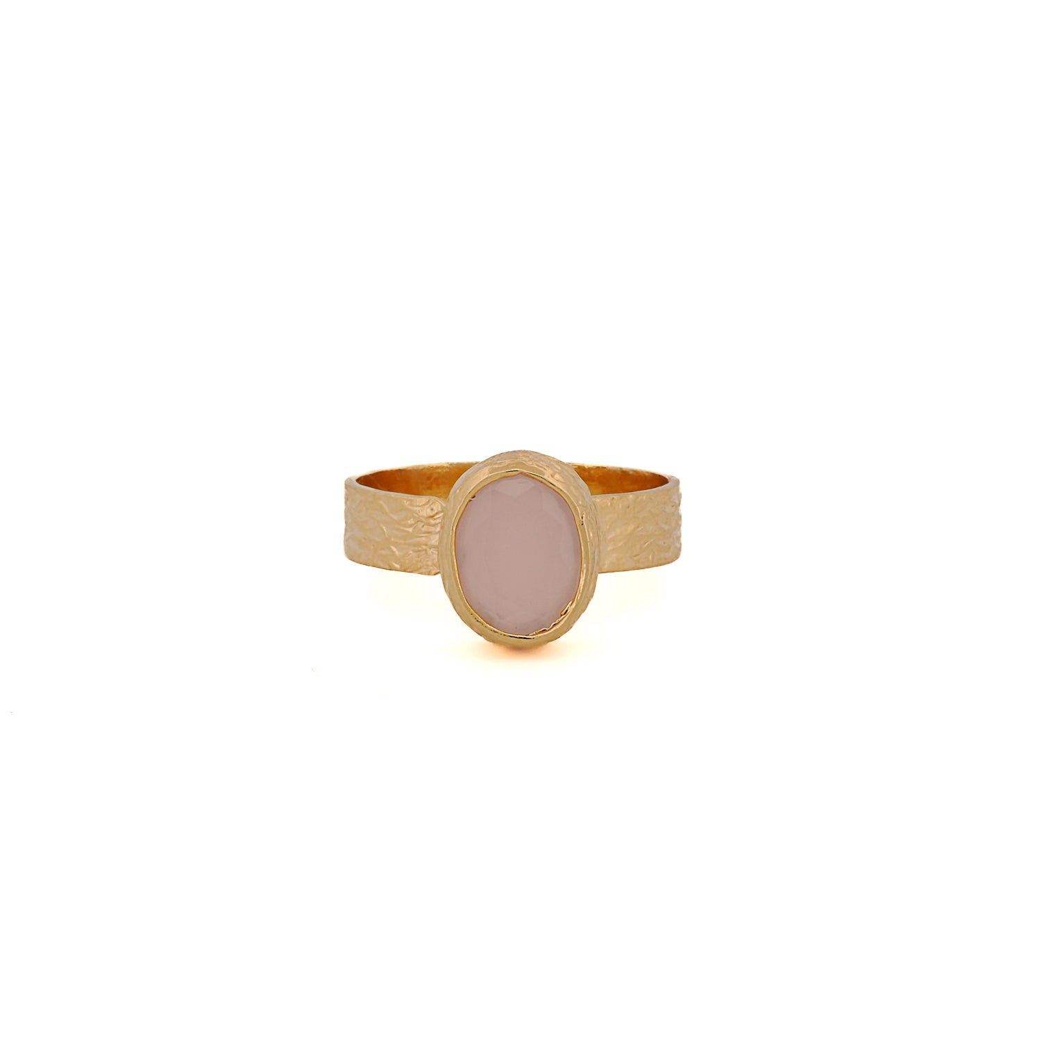 Cleopatra Pink Quartz Gemstone Gold Ring with adjustable 24K gold-plated band featuring a pink quartz gemstone