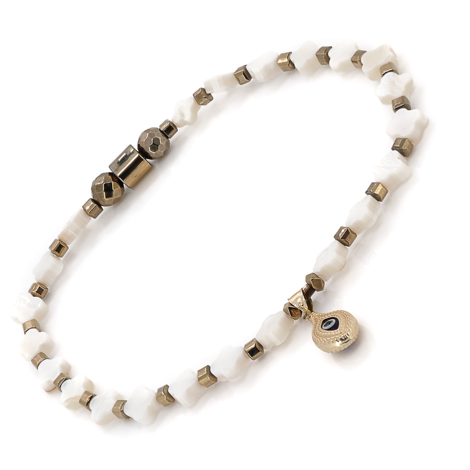 Symbolic anklet combining elegance and protection with evil eye charm.