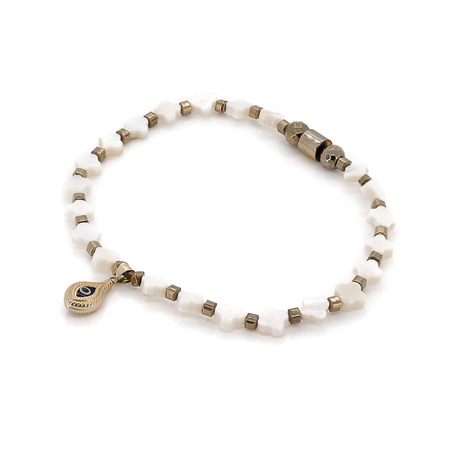 Stretchy anklet with clover-shaped pearls and spiritual protection charm.