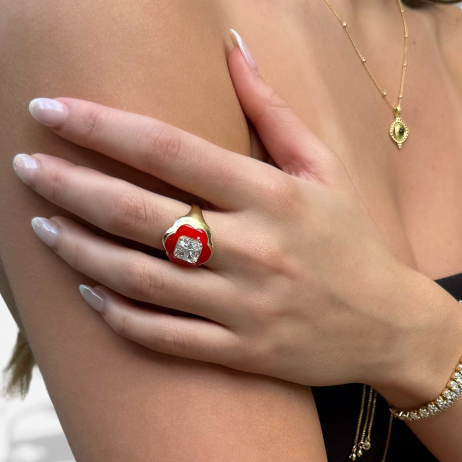 Luck on Your Finger: Model with Clover Red Ring