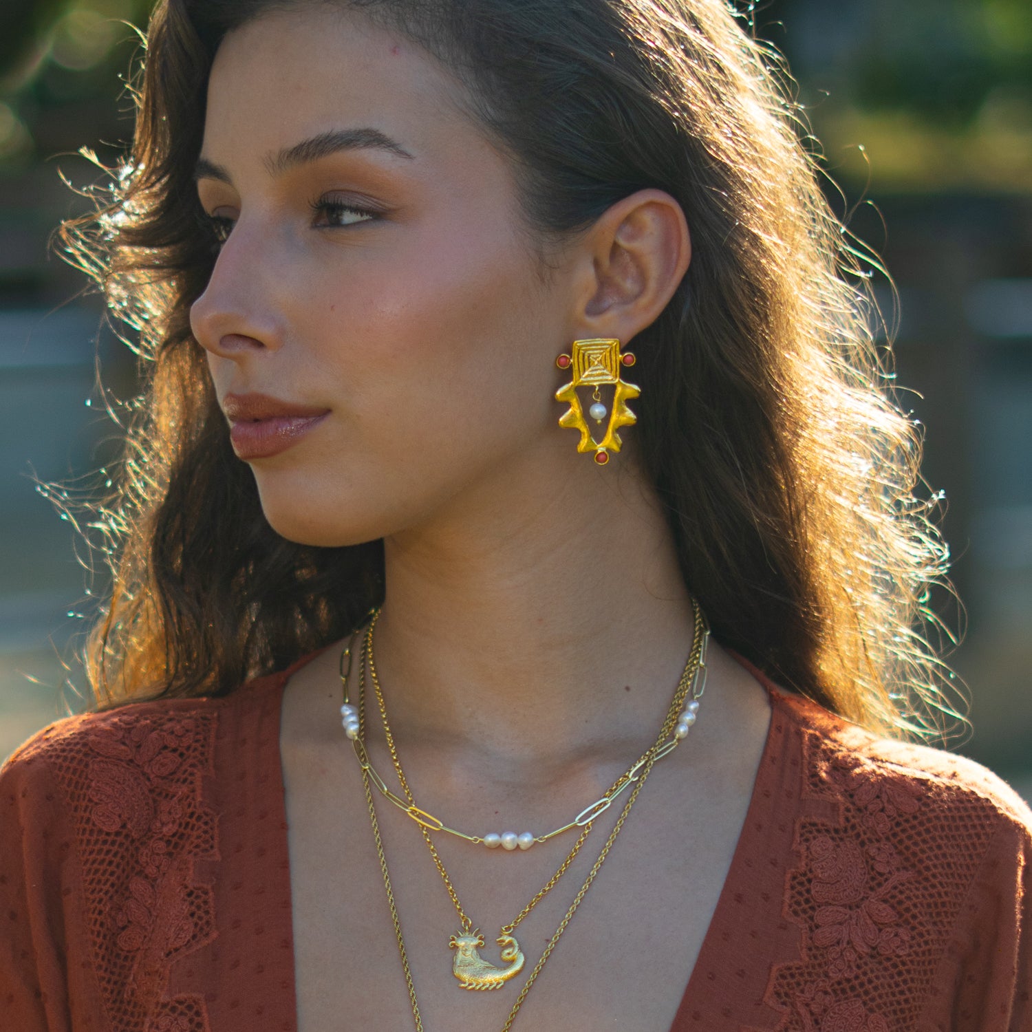 Isis Charm Coral & Pearl Earrings