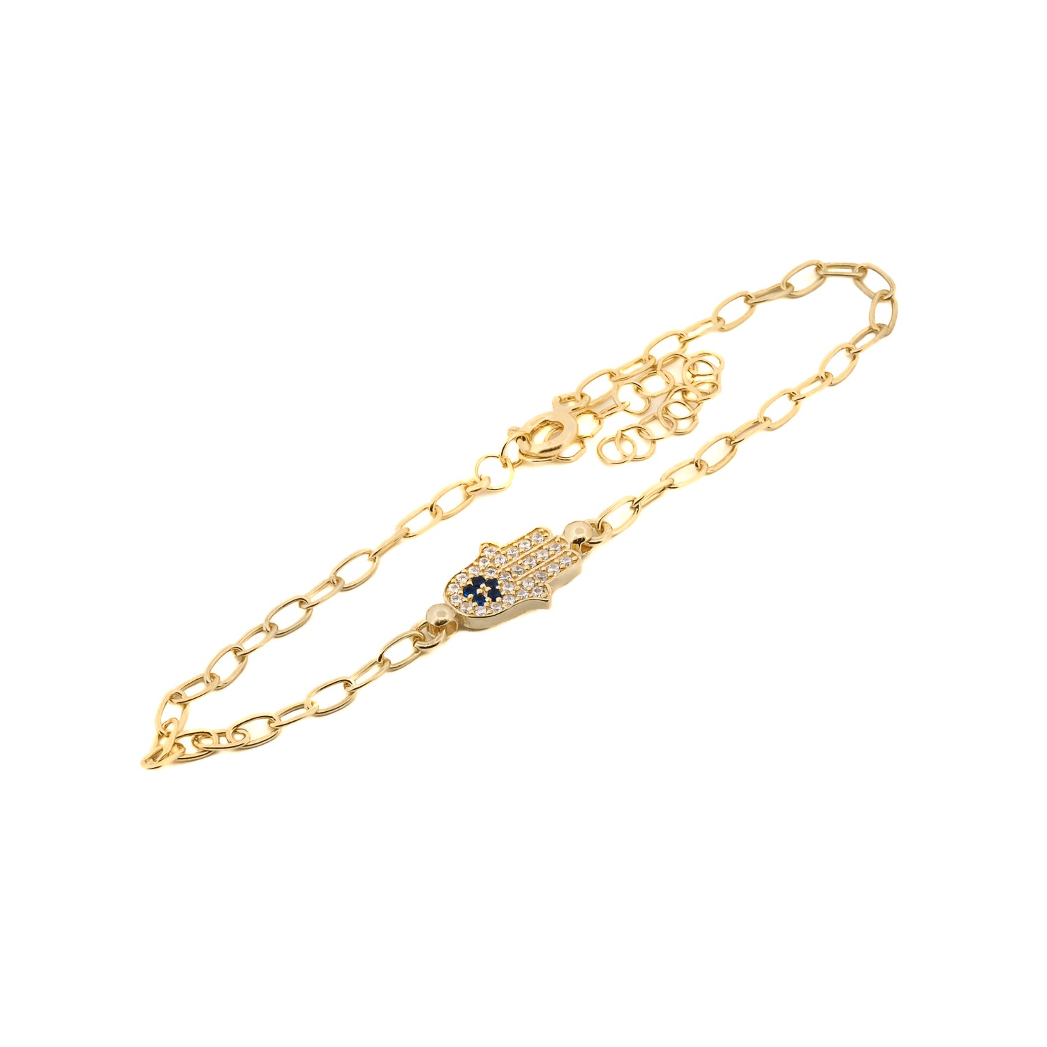 Elegant Diamond & Blue Hamsa Hand Bracelet for spiritual protection.