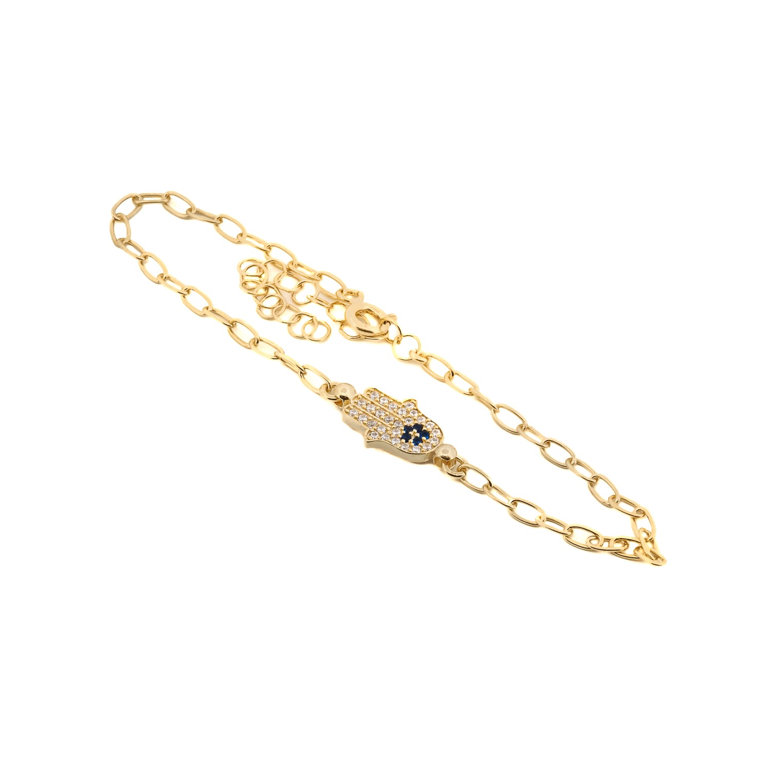Gold Bracelet adorned with CZ Diamond & Blue Zircon Hamsa Hand.