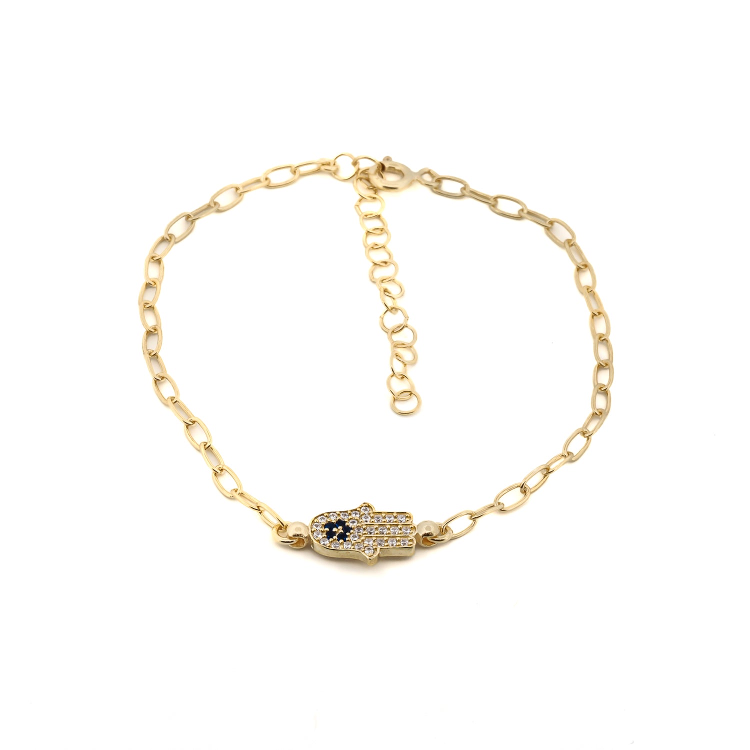 Diamond & Blue Hamsa Hand Link Chain Gold Bracelet with adjustable link chain.