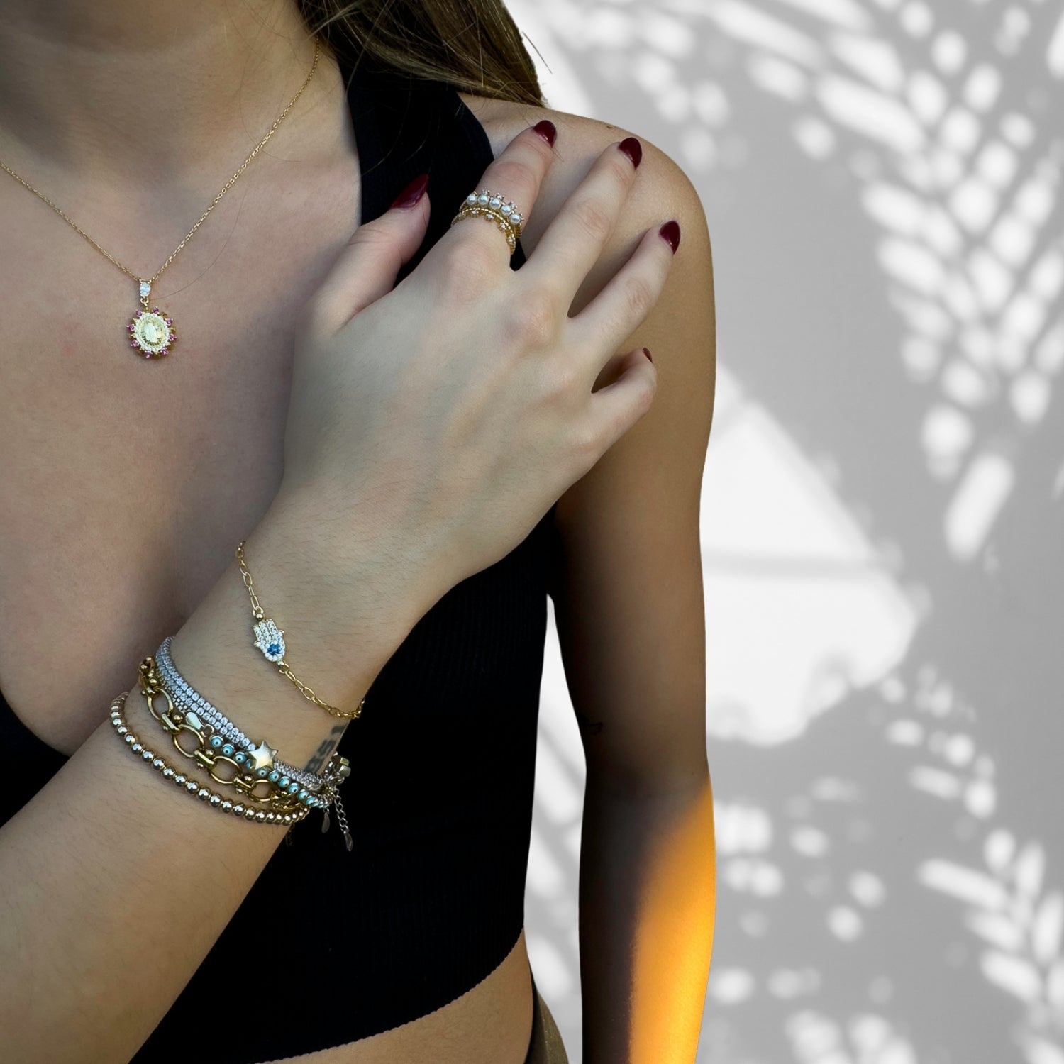 Handcrafted Gold Bracelet featuring Diamond & Blue Zircon Hamsa Hand.