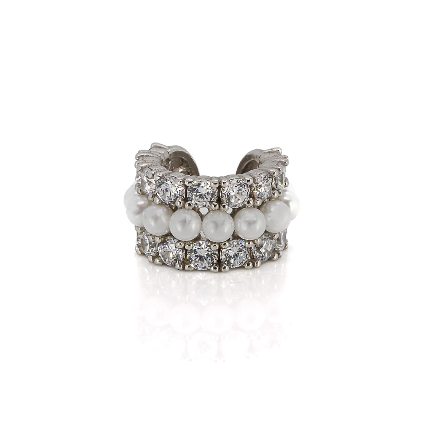 Elegant Diamond & Pearl Silver Cuff Earring with a Chic Modern Design - Handmade in the USA.