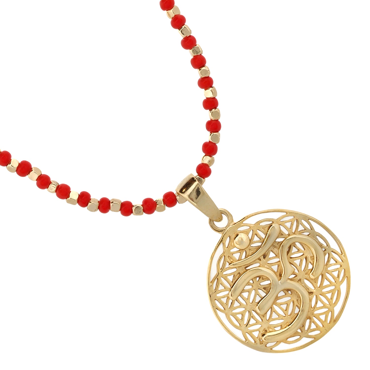 Divine Energy Om Mantra Coral Red Beaded Necklace