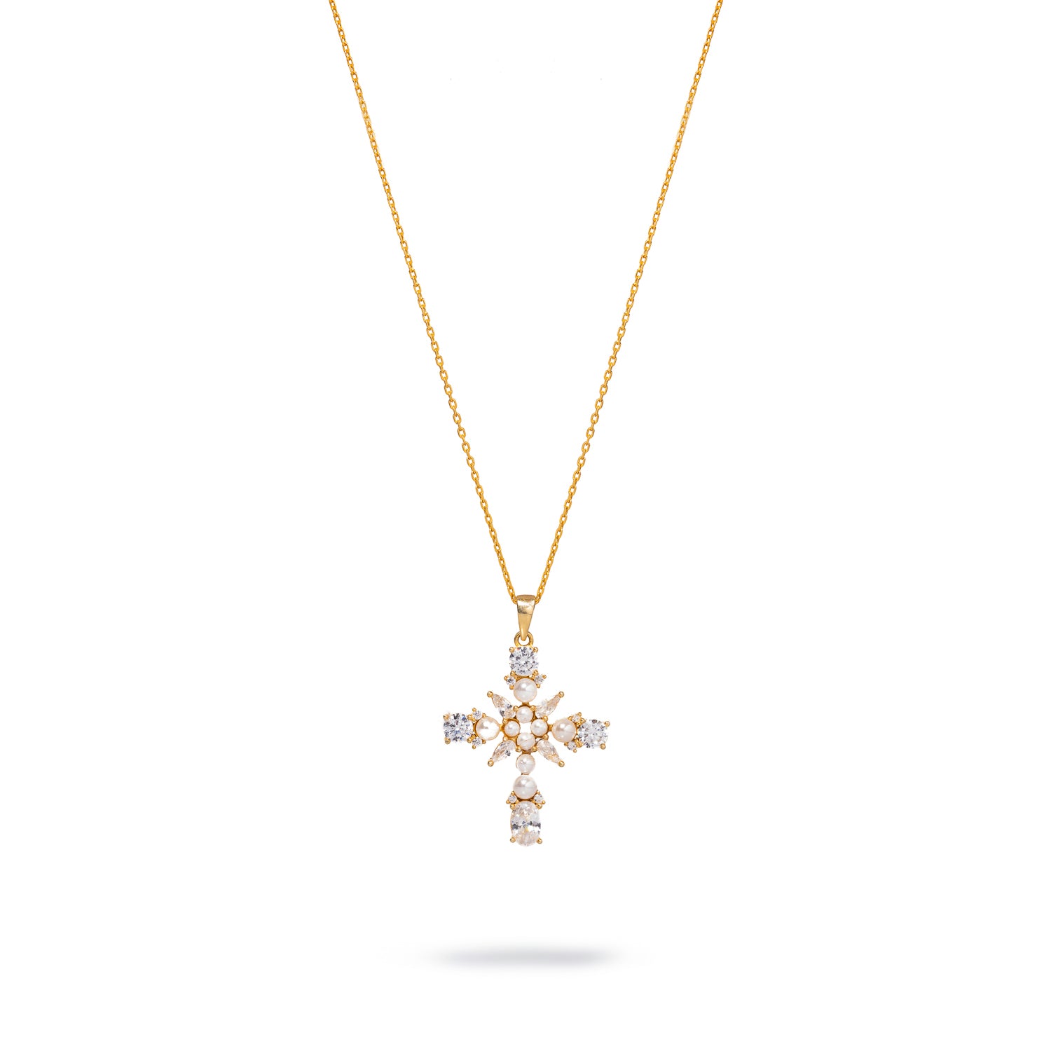 Stunning cross pendant adorned with a lustrous pearl stone.