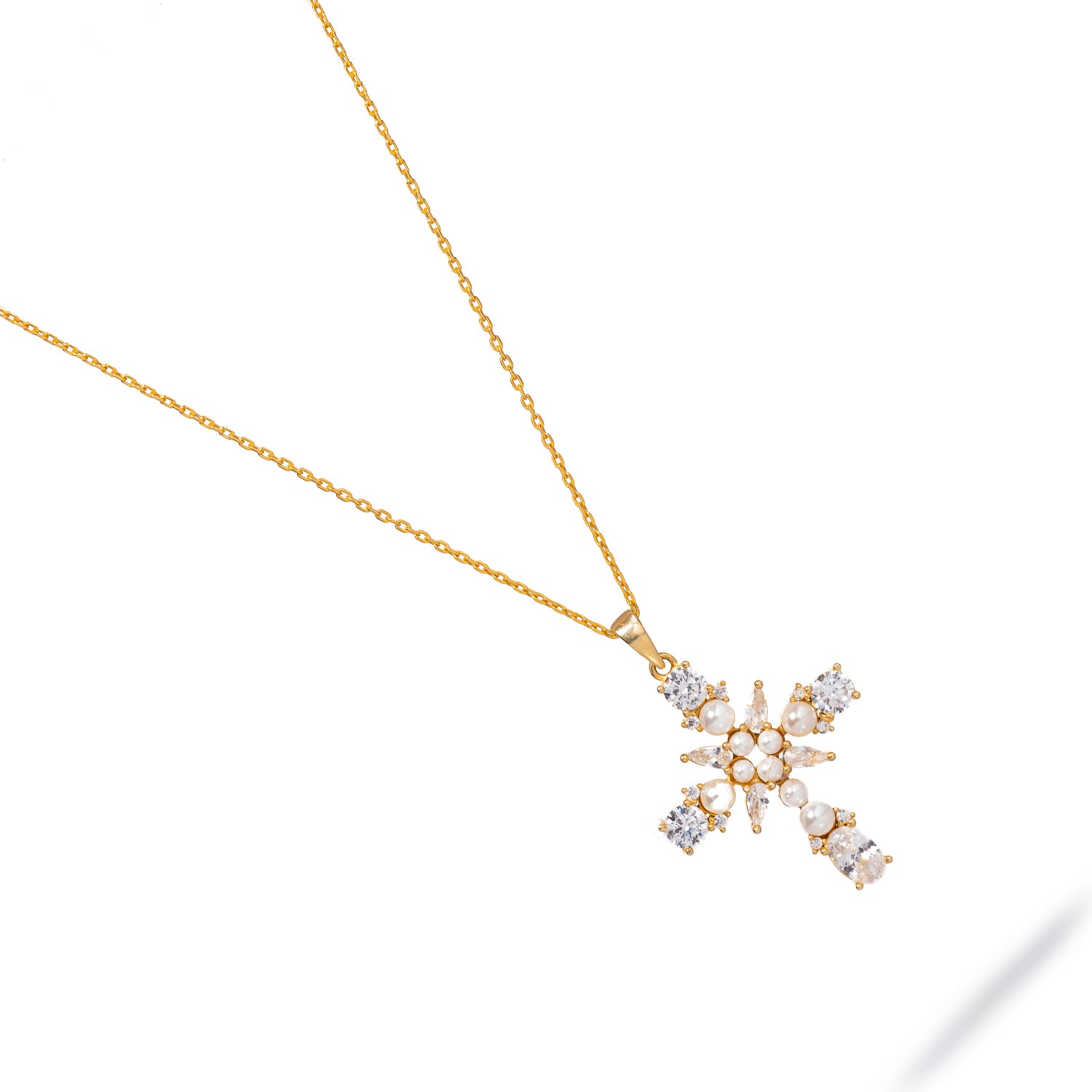 Handmade Gold Necklace with Cross Pendant, Pearl Stone, and CZ Diamonds for Spiritual Grace