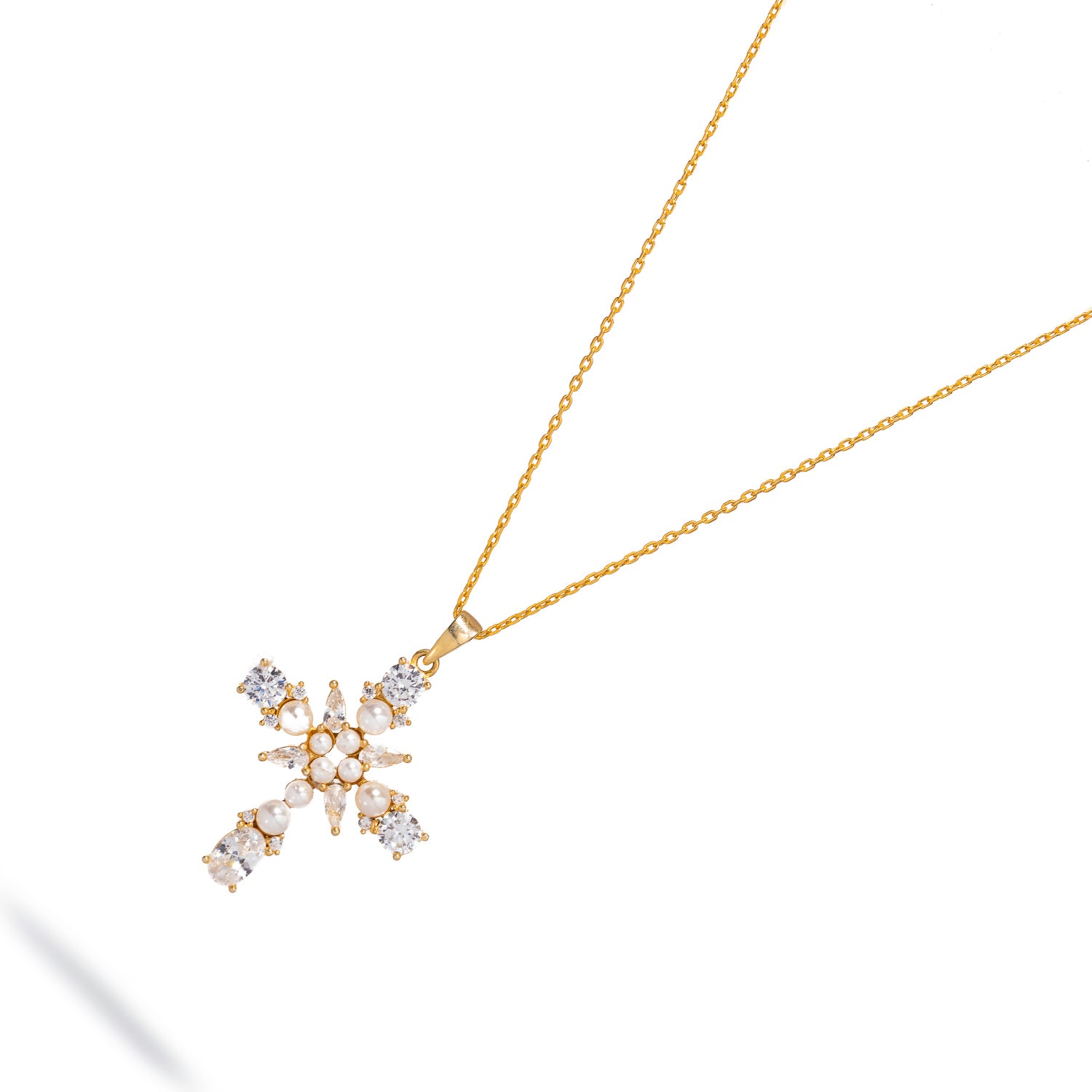 18K Gold Cross Pendant Necklace with Pearl and Diamonds for a Timeless, Spiritual Accessory