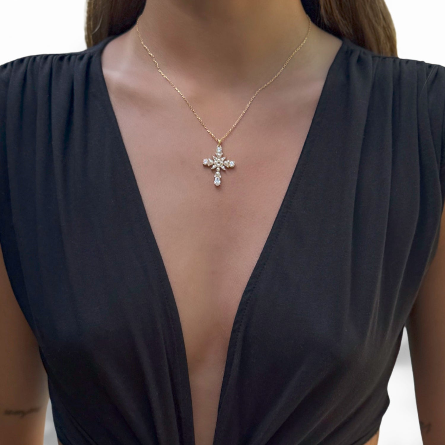 Model Wearing Handcrafted Gold Chain Necklace with Pearl Pendant