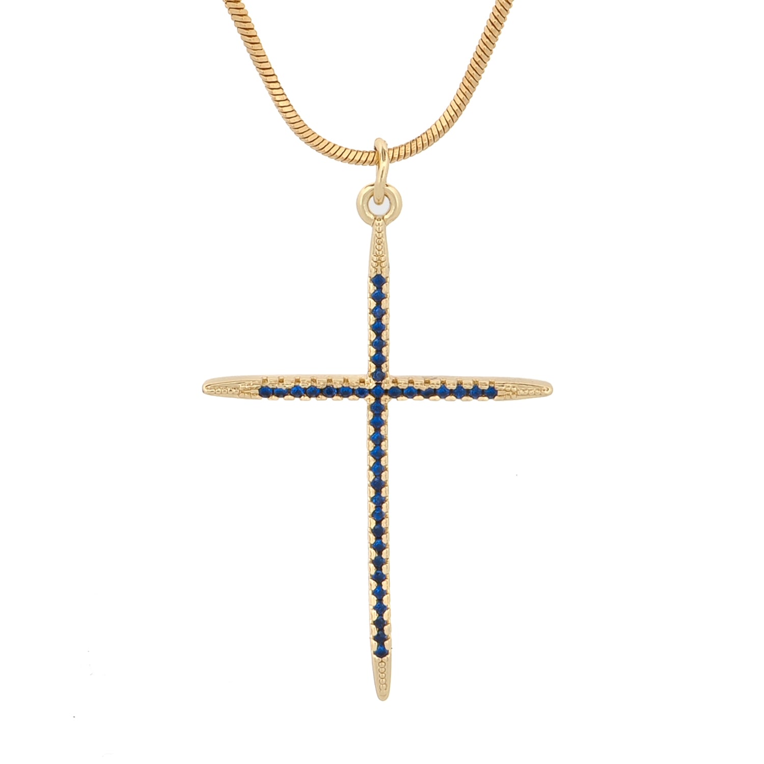 18K Gold-Plated Cross Pendant Necklace with Genuine Sapphire Stones for Protection and Wisdom