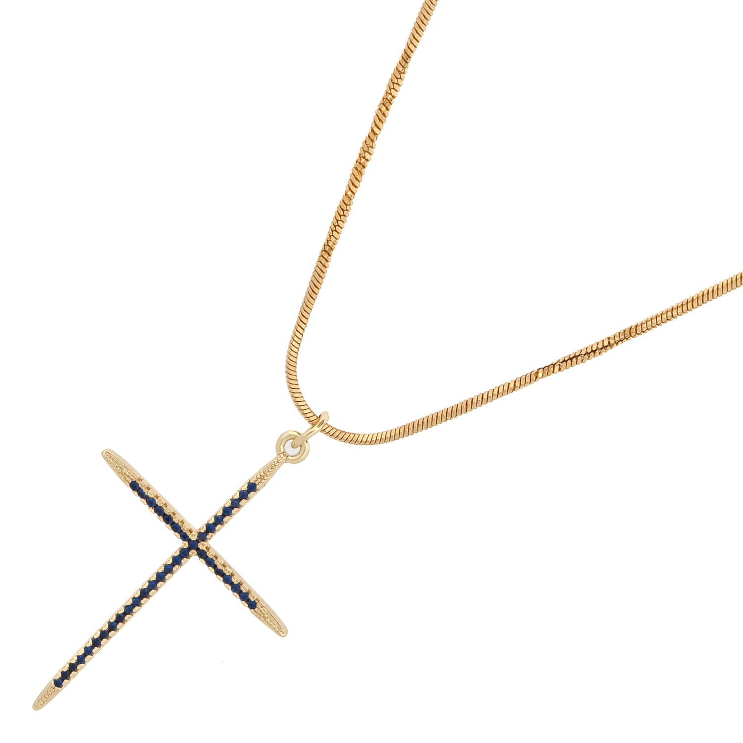 Divine Sapphire Cross Necklace with 18K Gold-Plated Pendant and Blue Sapphires for Spiritual Empowerment