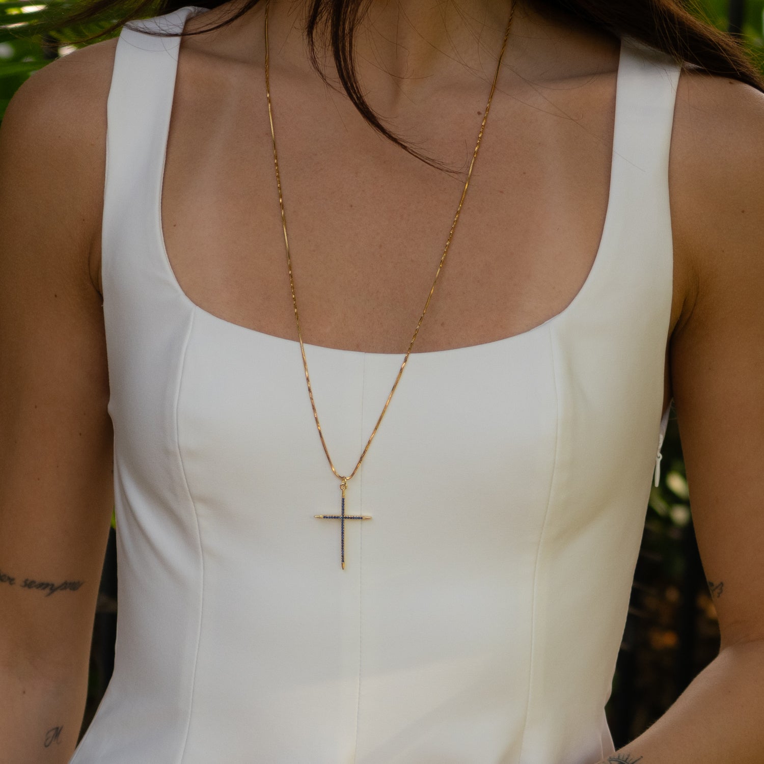 Elegant Divine Sapphire Cross Necklace with Blue Sapphire Stones and 18K Gold-Plated Pendant