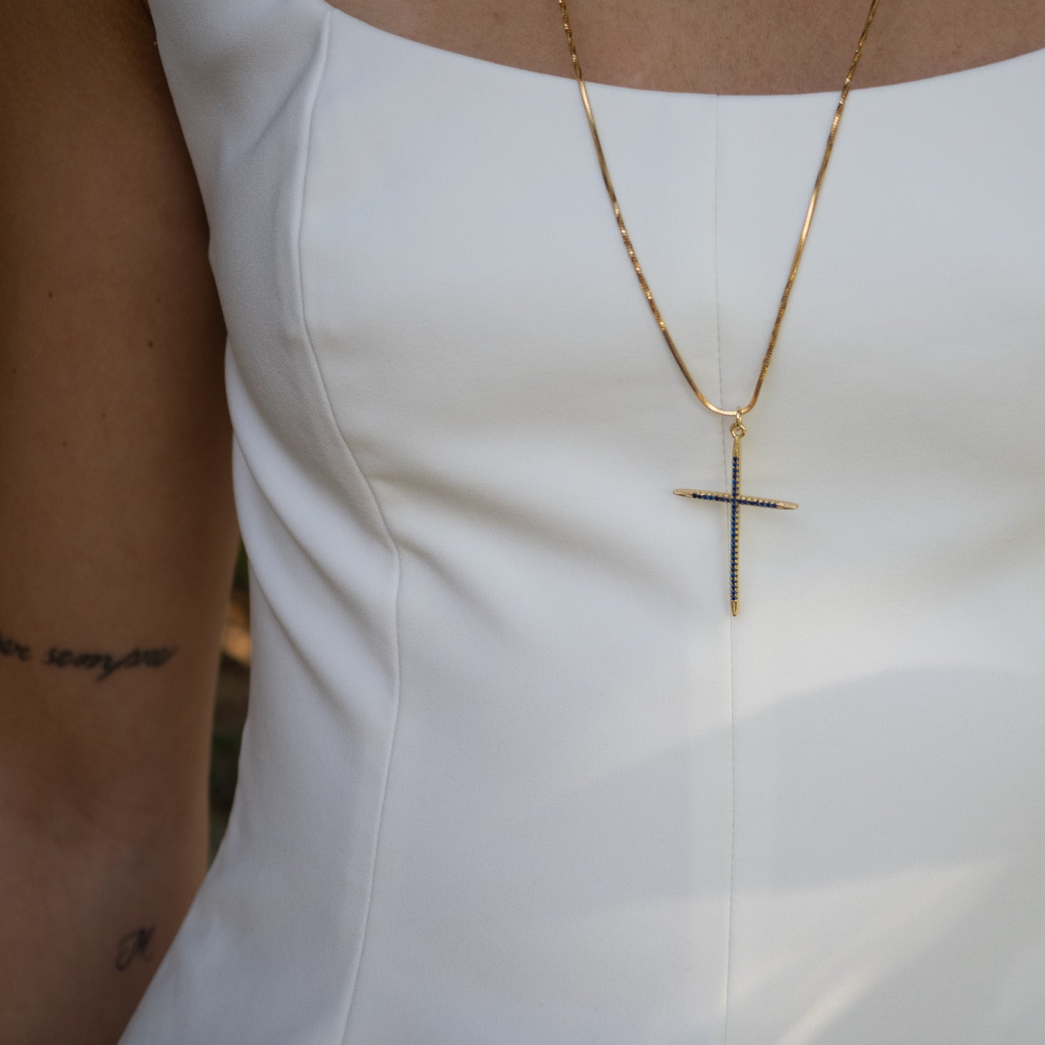 18K Gold-Plated Cross Necklace with Blue Sapphire Stones for Wisdom and Divine Guidance