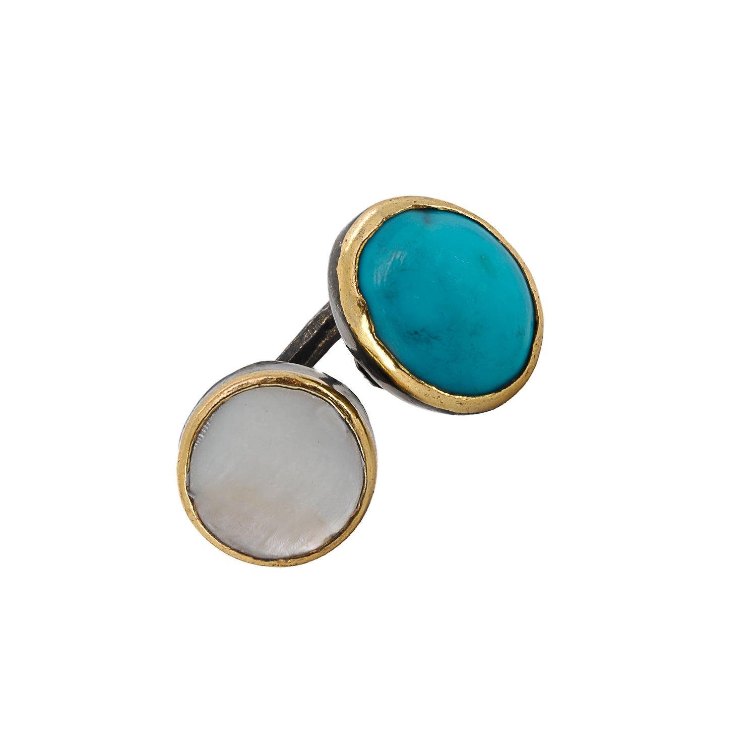 The visual contrast of silver, gold, Pearl, and Turquoise in the Double Gemstone Sterling Silver Ring.
