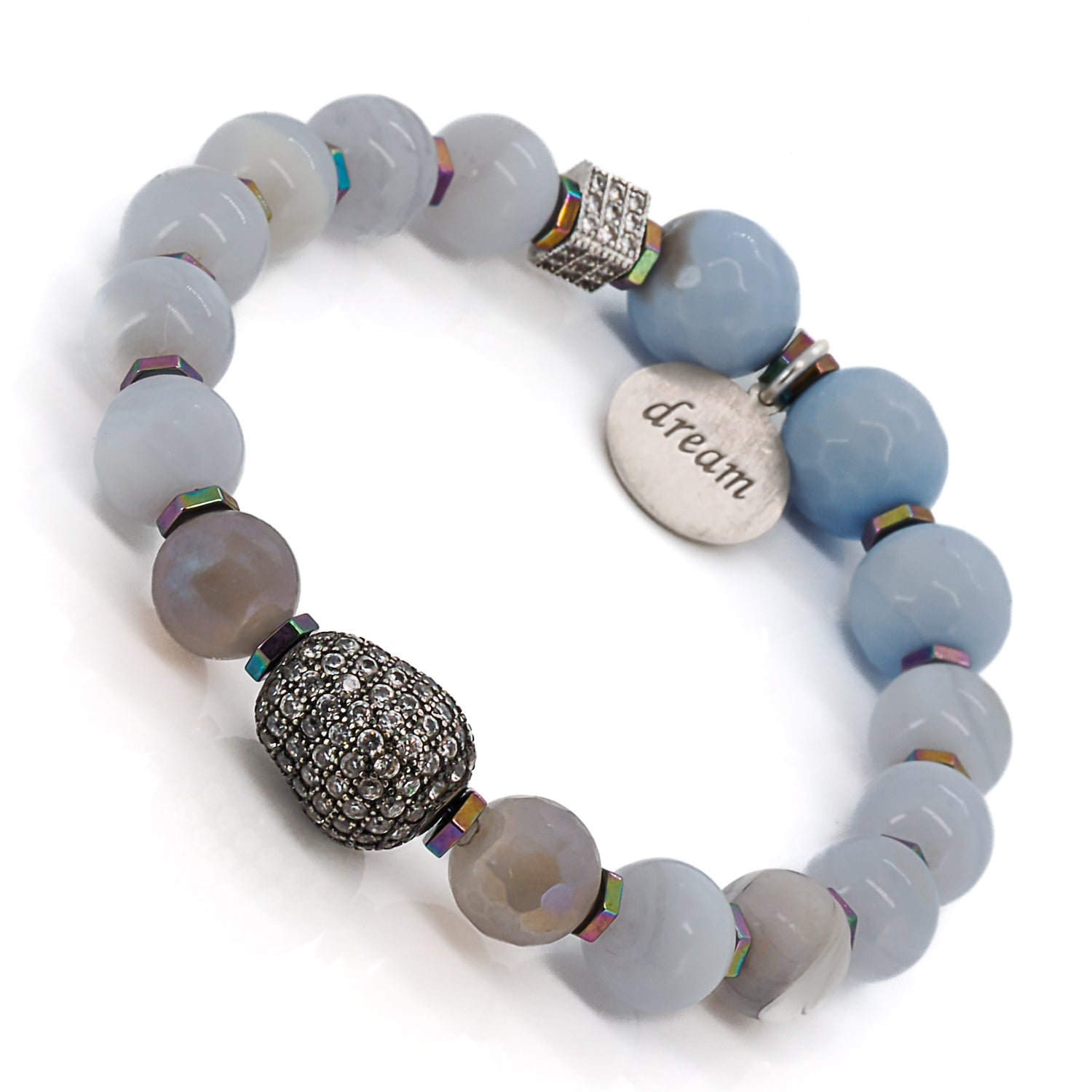 Serene Blue Agate Beaded Bracelet Handcrafted with Blue Lace Agate and Sparkling Pave Diamonds.