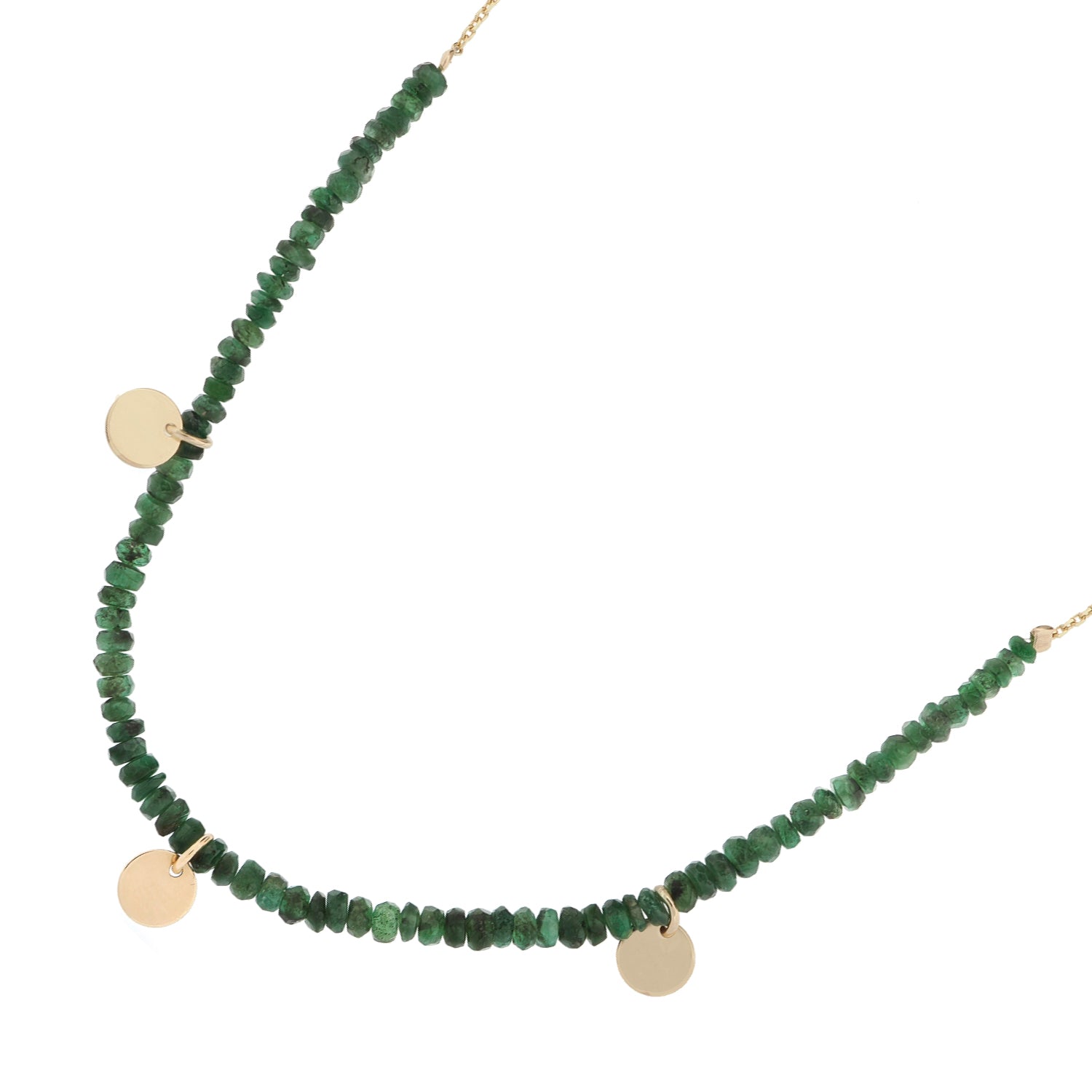 14K Yellow Gold Necklace with Emerald Gemstones and Solid Gold Charms for a Stylish, Symbolic Touch