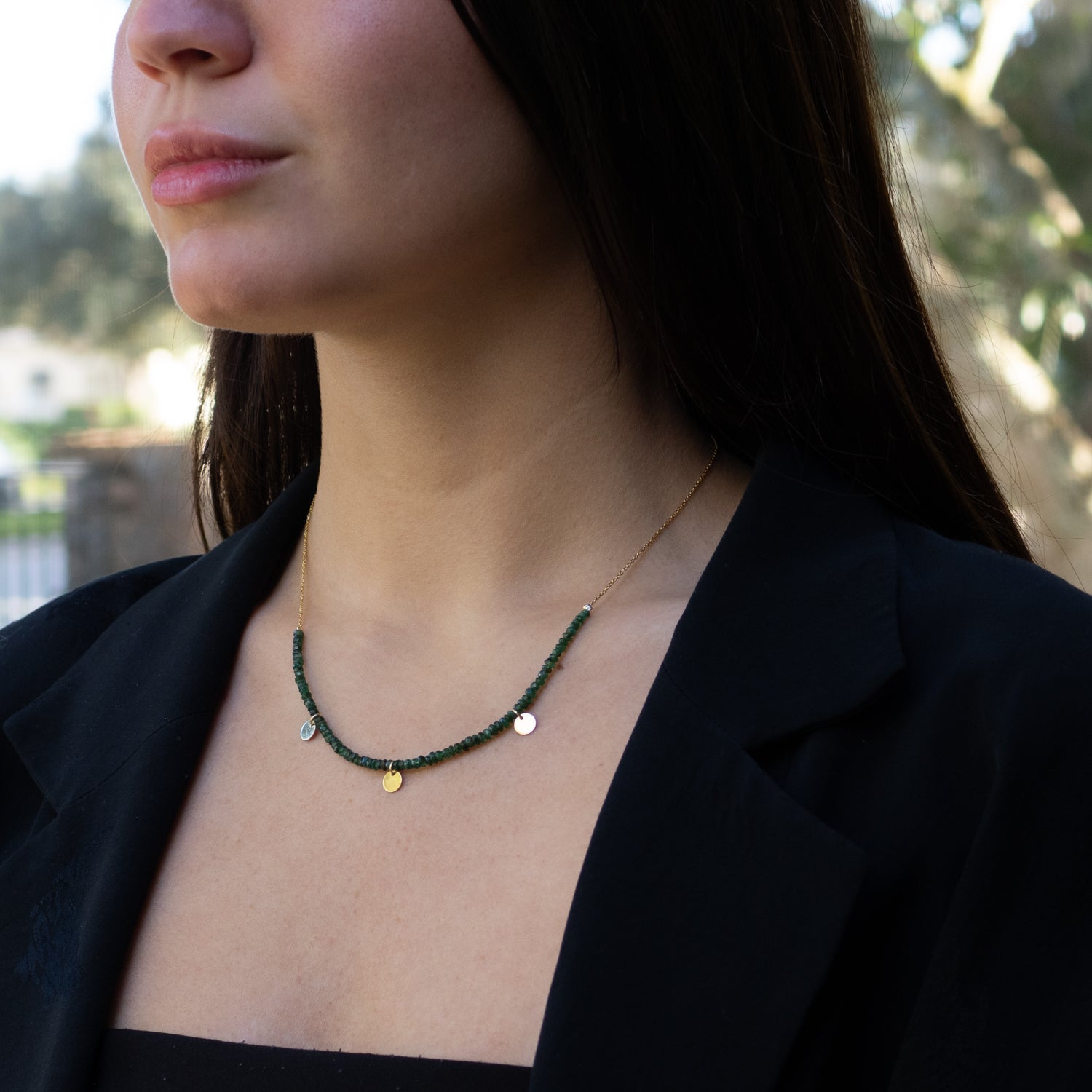 14K Solid Gold Choker Necklace with Emerald Stones and Gold Charms for a Unique, Luxurious Look
