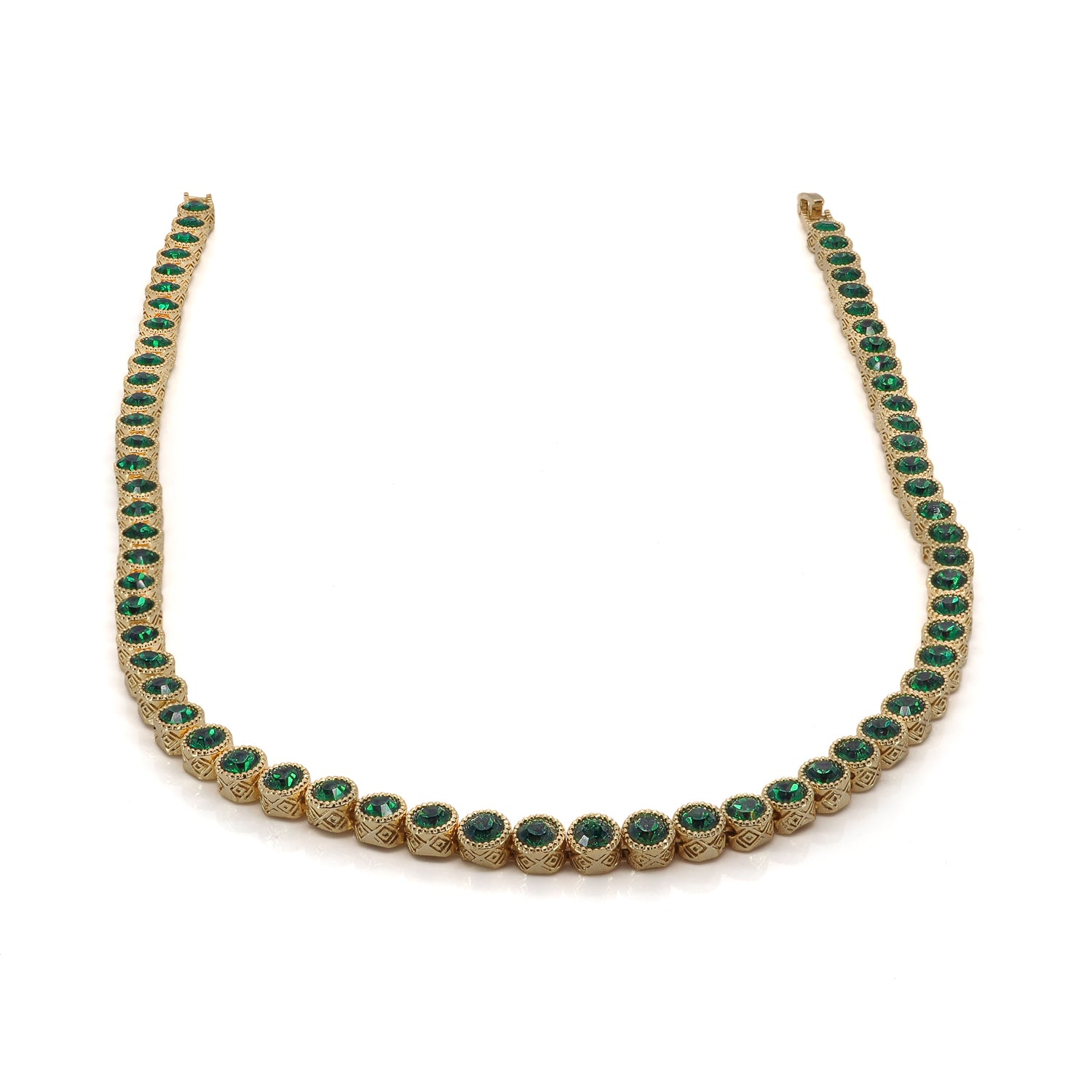 Handmade Emerald Tennis Necklace with Gold-Plated Finish, Promoting Wisdom and Love