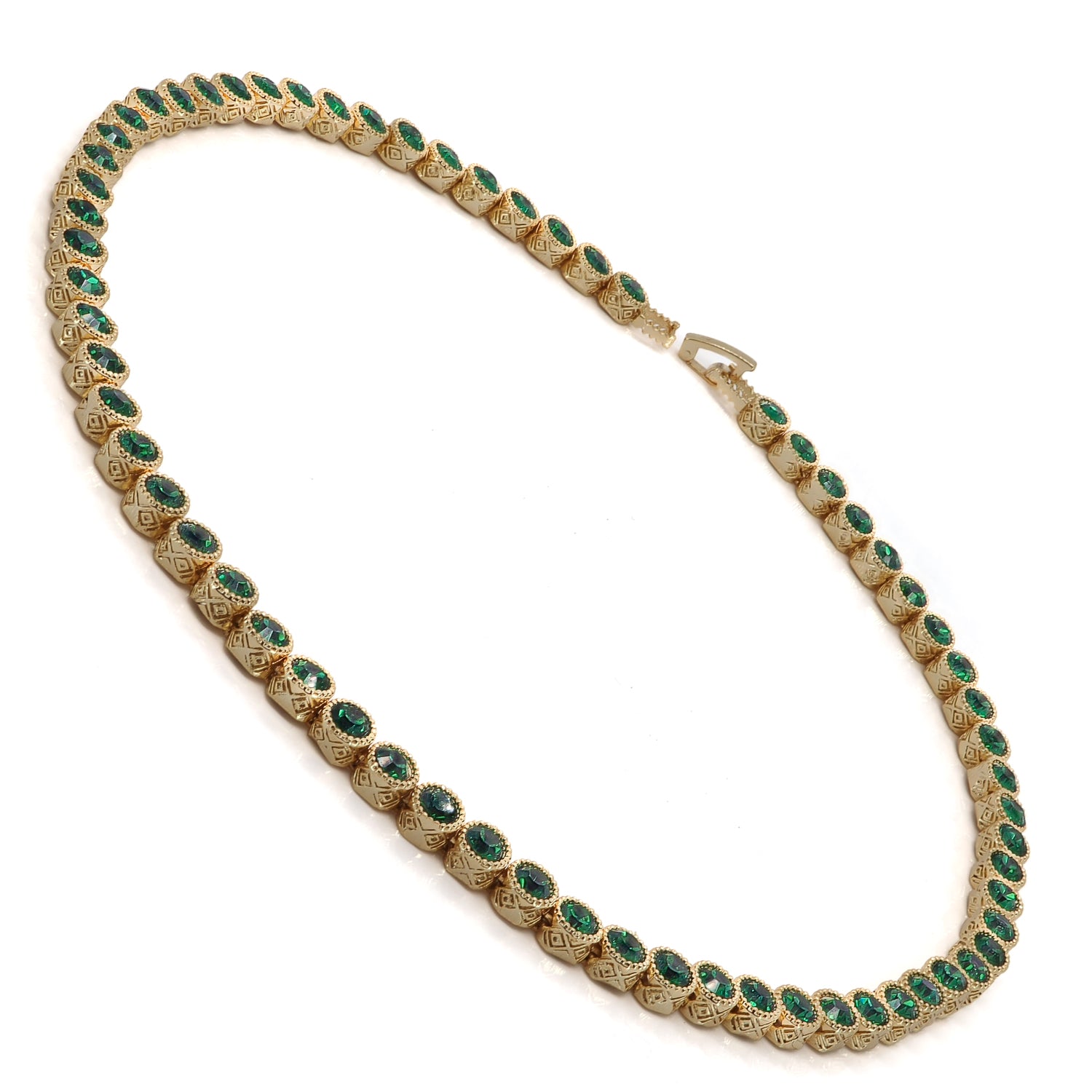 Emerald Tennis Necklace with Gold-Plated Bronze, Symbolizing Wisdom, Love, and Peace