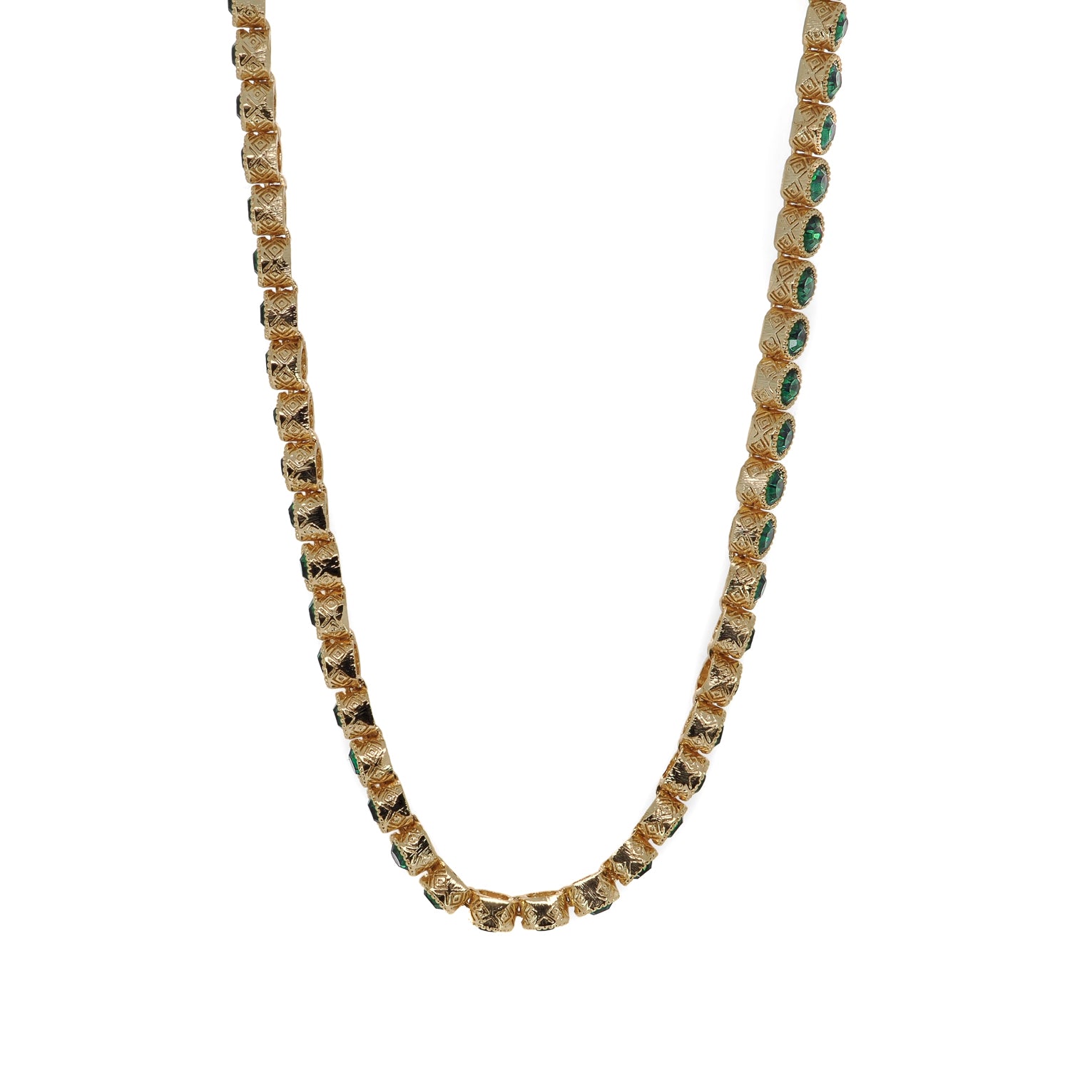 Elegant Emerald Tennis Necklace, Gold-Plated on Bronze, Enhancing Intuition and Prosperity
