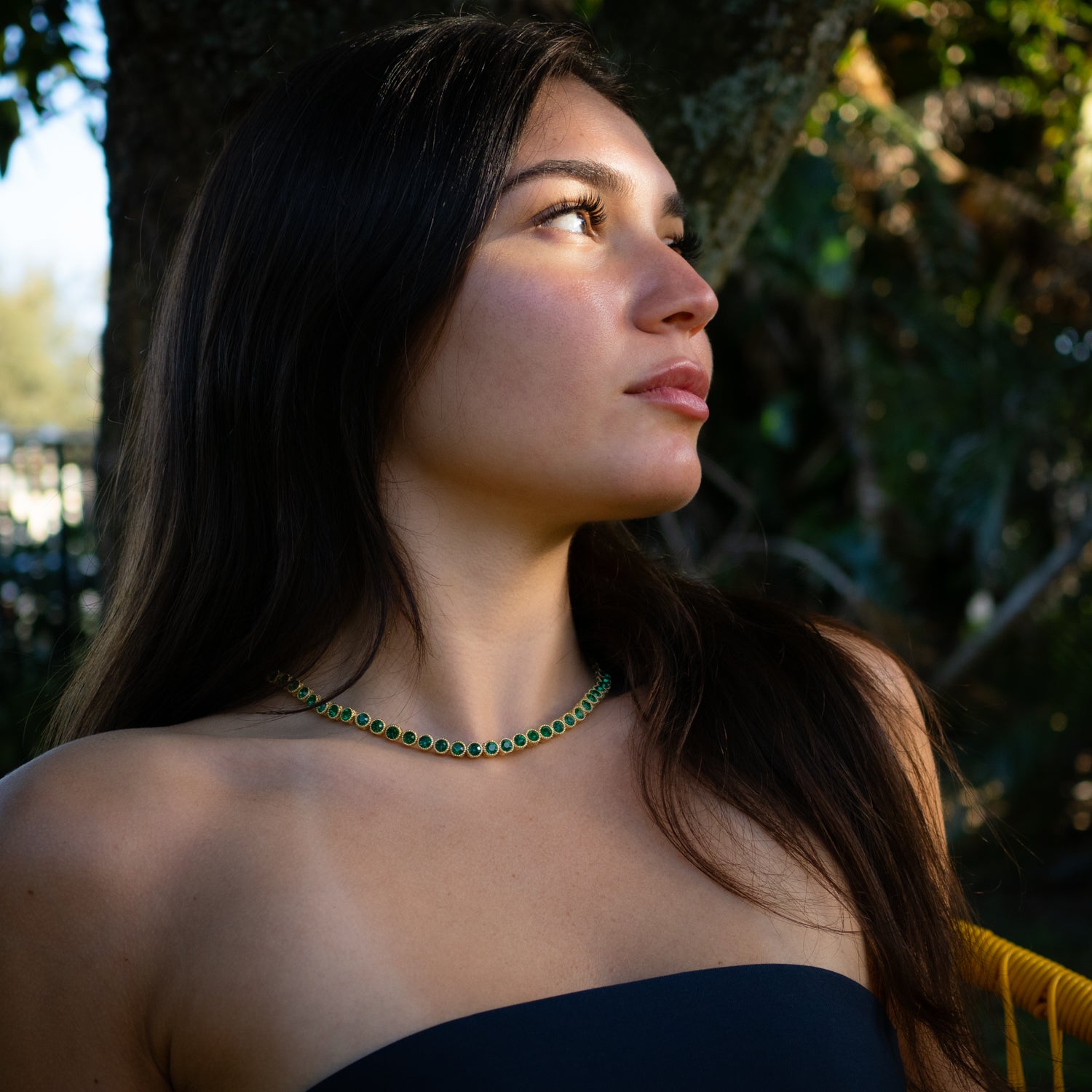 Gold-Plated Emerald Tennis Necklace, Radiating Elegance and Mysticism for Inner Growth