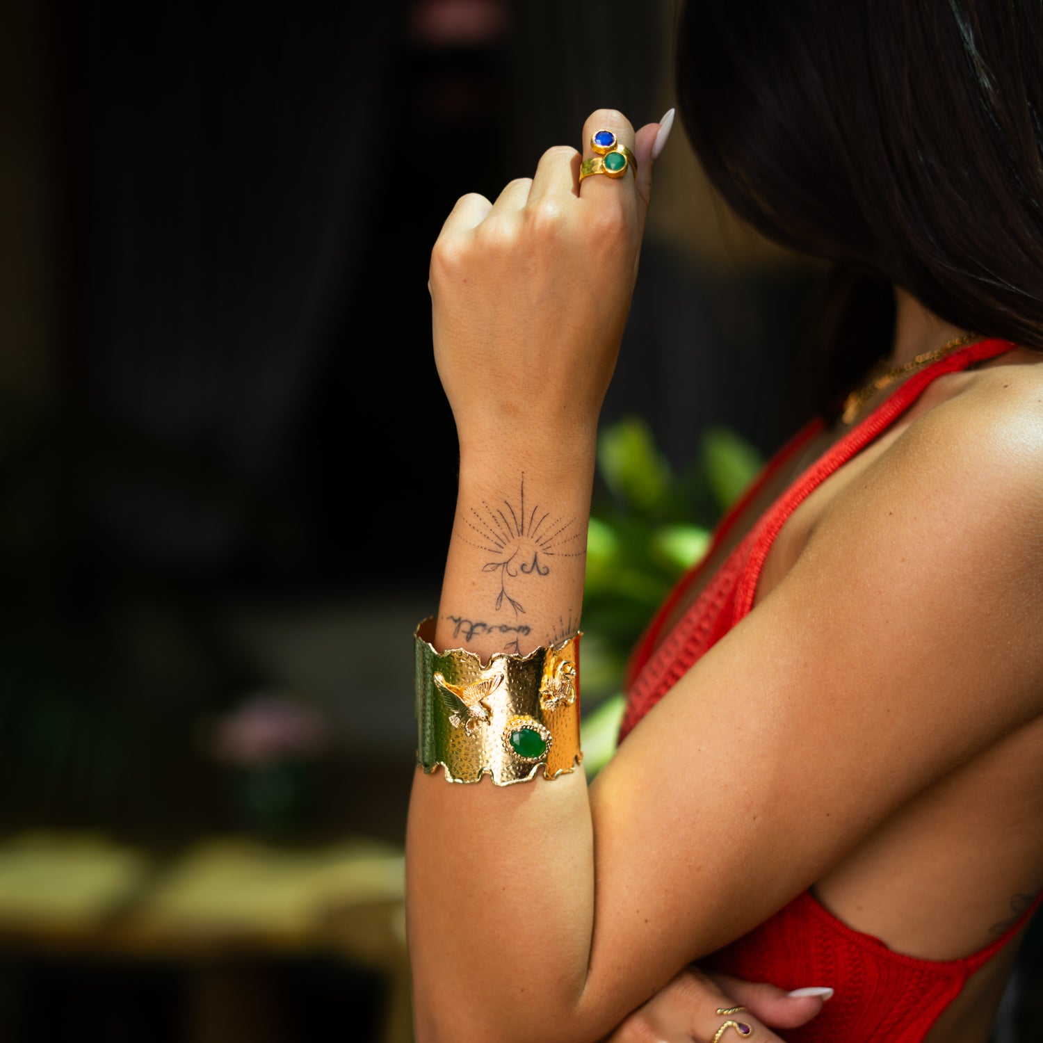 Emerald Wisdom Eagle & Owl Gold Cuff Bracelet