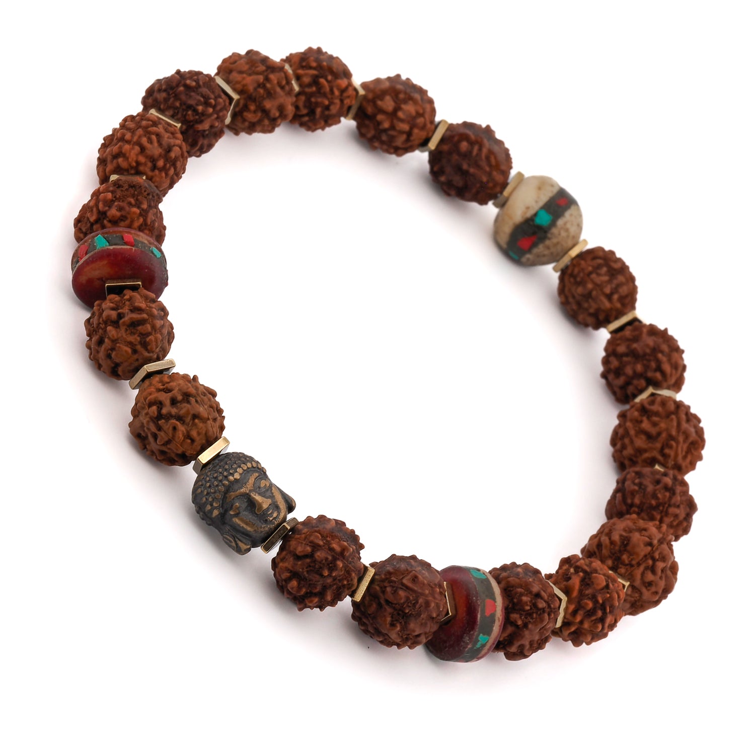 Handmade beaded bracelet featuring Tibet Rudraksha seeds and a bronze Buddha bead