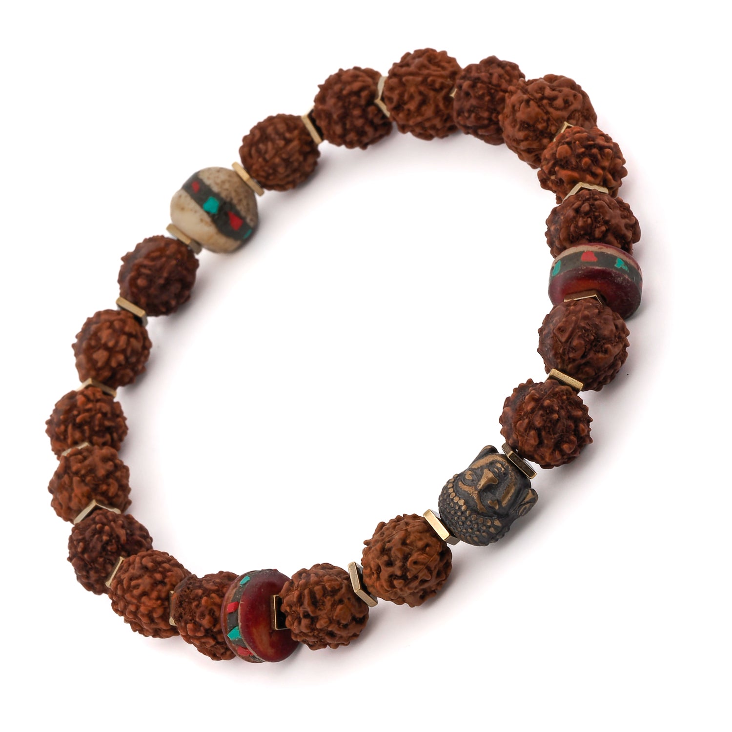 Tibet Rudraksha seed bead bracelet with a serene bronze Buddha bead and gold hematite spacers