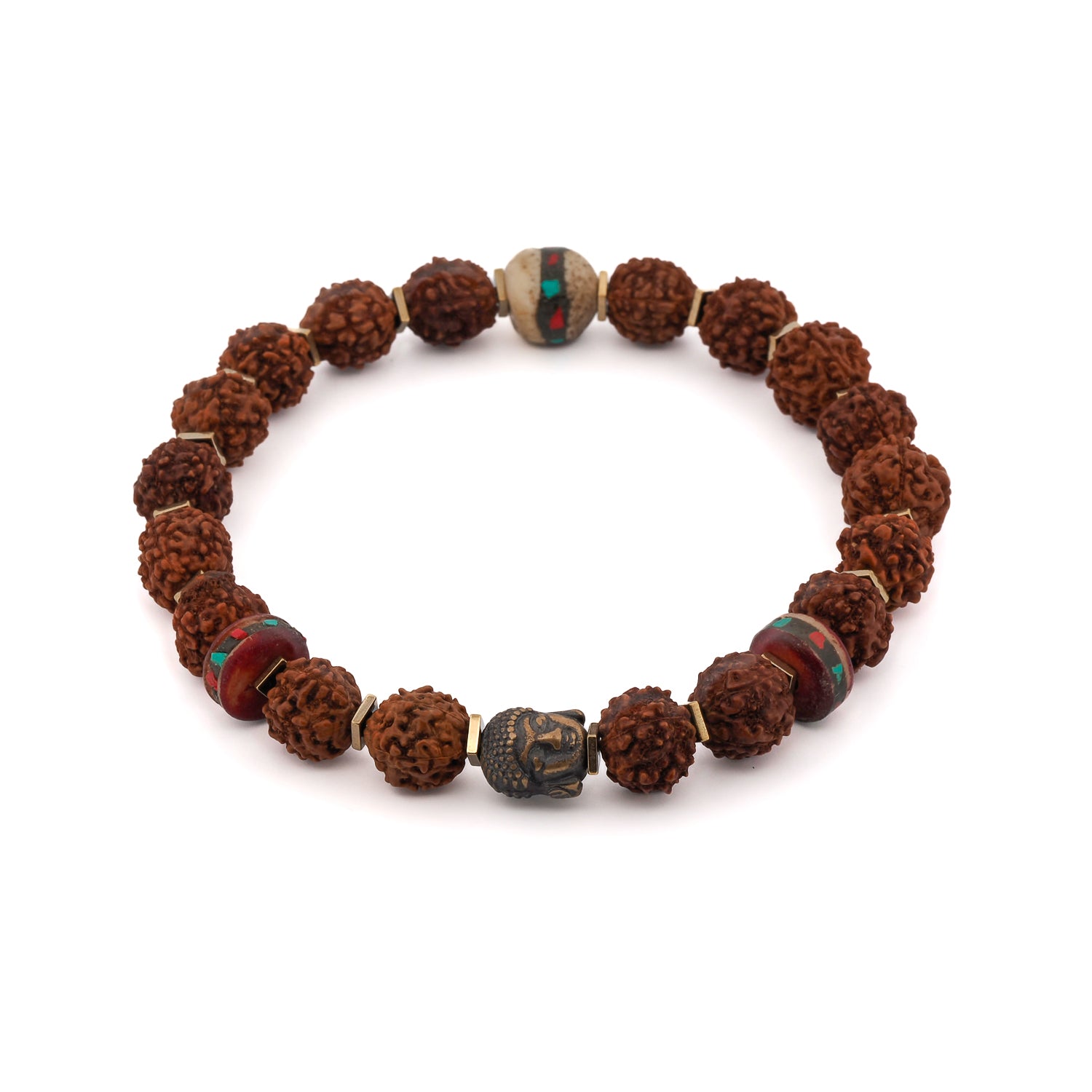Tibet Rudraksha seed beads with bronze Buddha bead on a gold hematite spacer bracelet