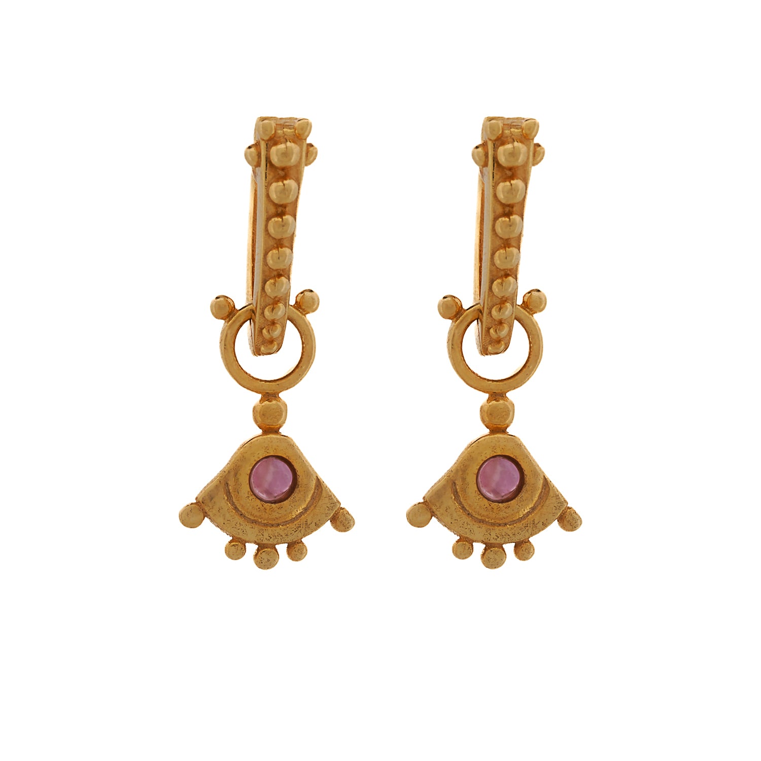 Stylish earrings featuring an evil eye design, pink tourmaline gemstones, and 18K gold-plated sterling silver