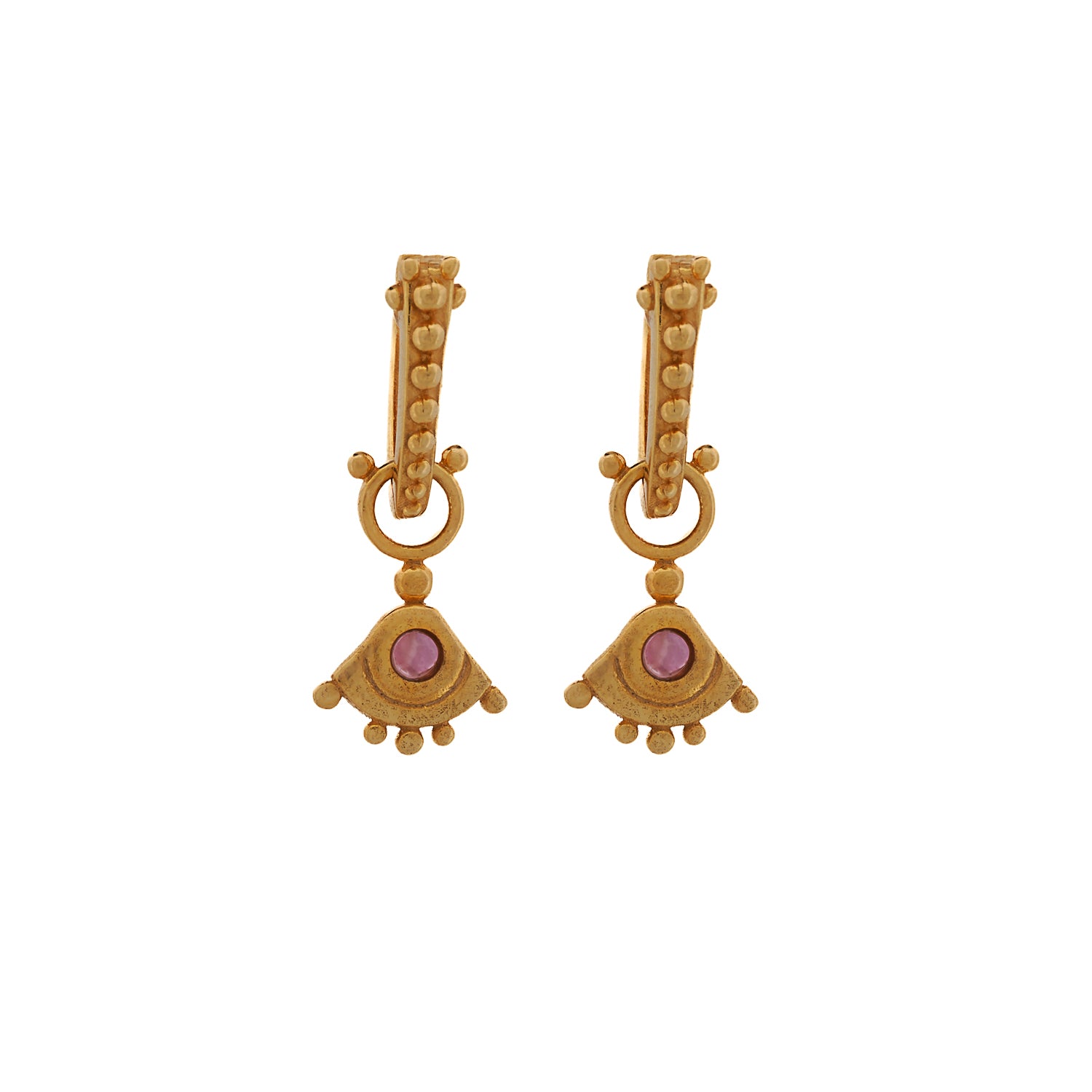18K gold-plated sterling silver earrings with pink tourmaline stones and an evil eye design for protection