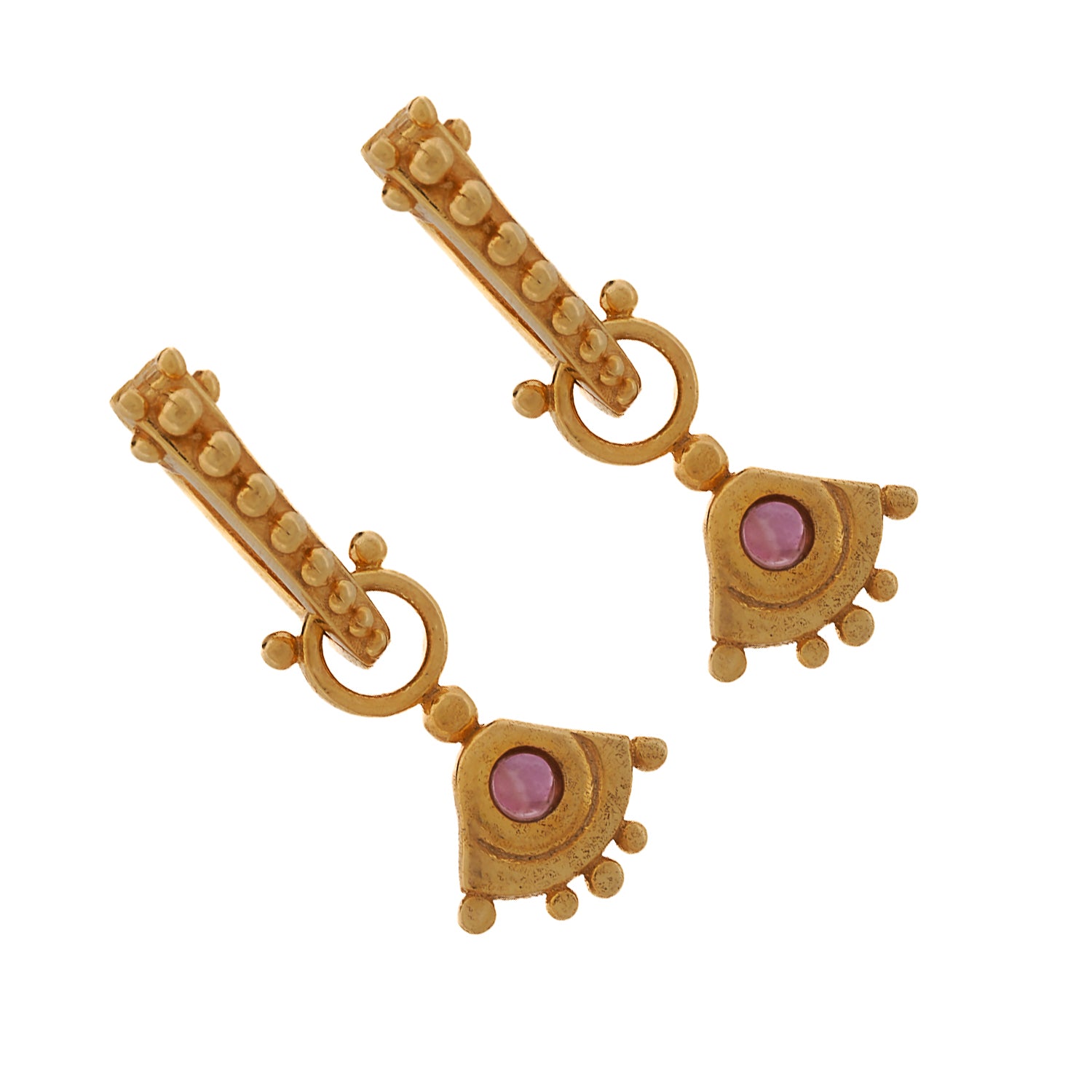 Pink tourmaline gemstone earrings with an evil eye motif, set in 18K gold-plated sterling silver