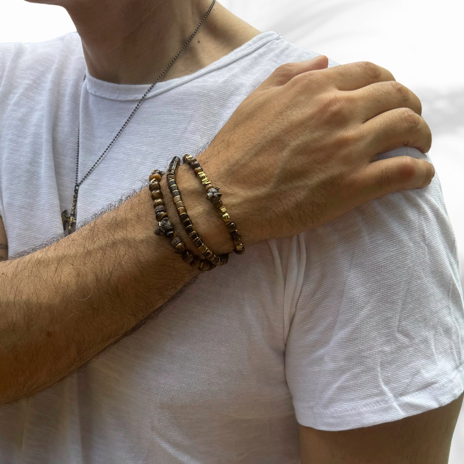 Unique Tiger's Eye Stone and Bronze Wolf Bracelet, handcrafted with gold hematite stones for added elegance